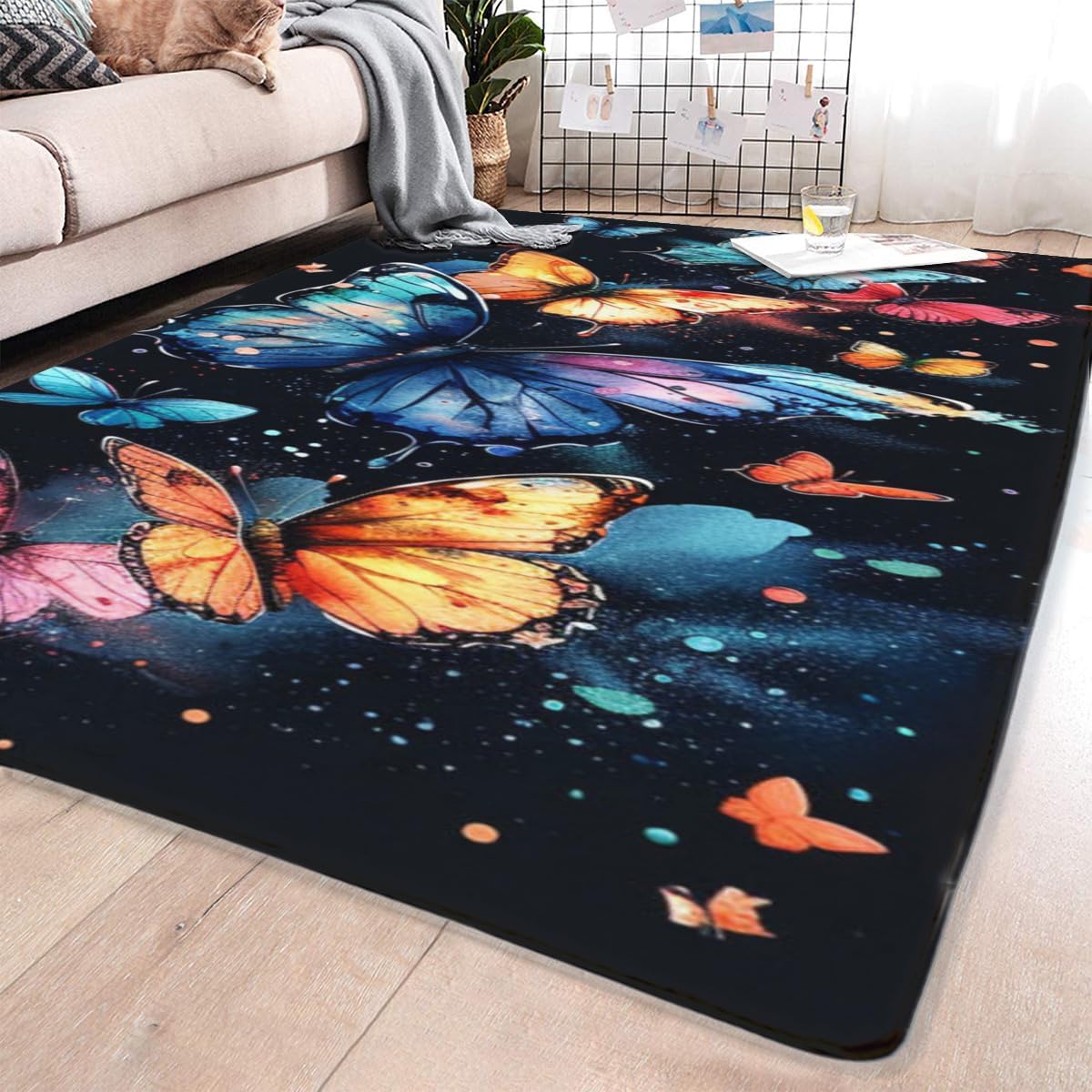 Black Background Dreamy Mysterious Cartoon Realism Colorful Butterfly Watercolor Carpet, Soft and Comfortable Flannel Fabric, Living Room, Dining Room, Bedroom Home Decoration 2' x 3'