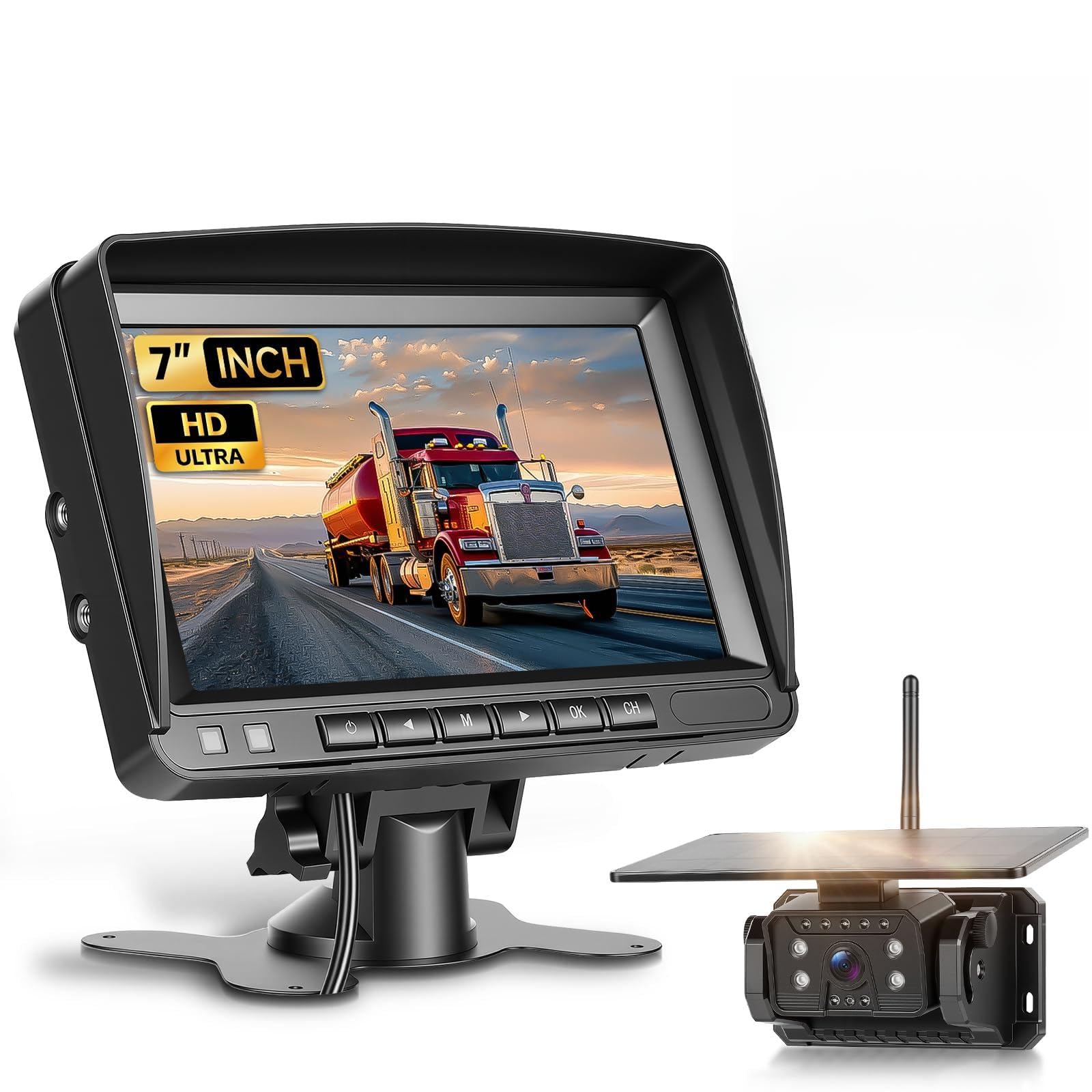 VECHTEL Cámara de Marcha atrás inalámbrica con Pantalla HD IPS de 7", visión Nocturna IP68, cámara magnética inalámbrica alimentada por energía Solar, Soporte telescópico