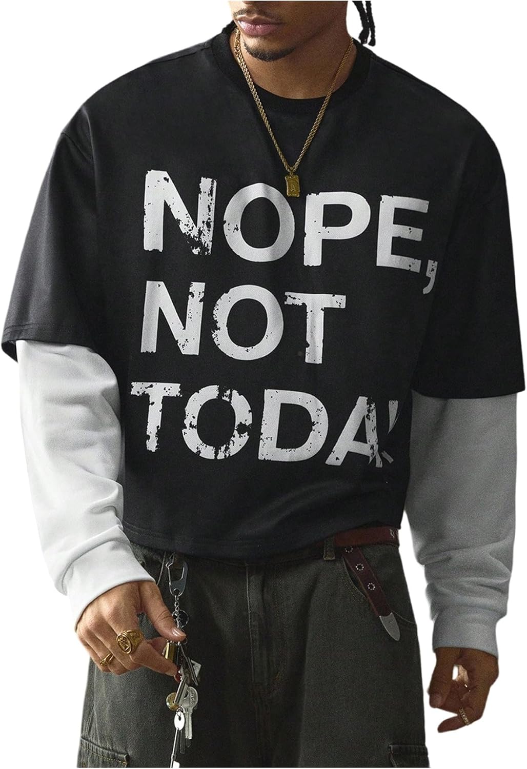 WDIRARA Men's Graphic T Shirts Crew Neck Long Sleeve Tees 2 in 1 Tops Streetwear