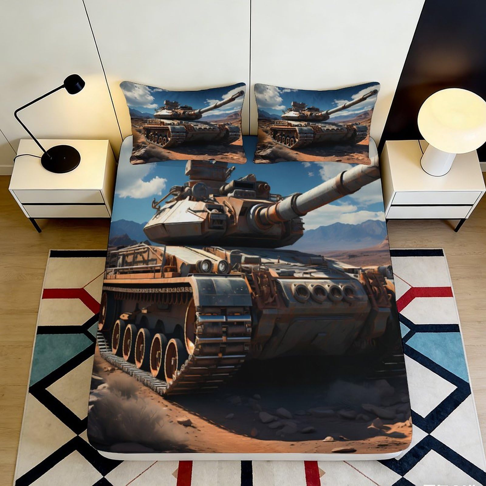 3D Printed Military Tank Fitted Sheet Microfiber Durable Breathable 3D Printed Armored Vehicle Bed Cover for Bedroom Dormitory Guest Room Mattress Protection 180x200x25cm