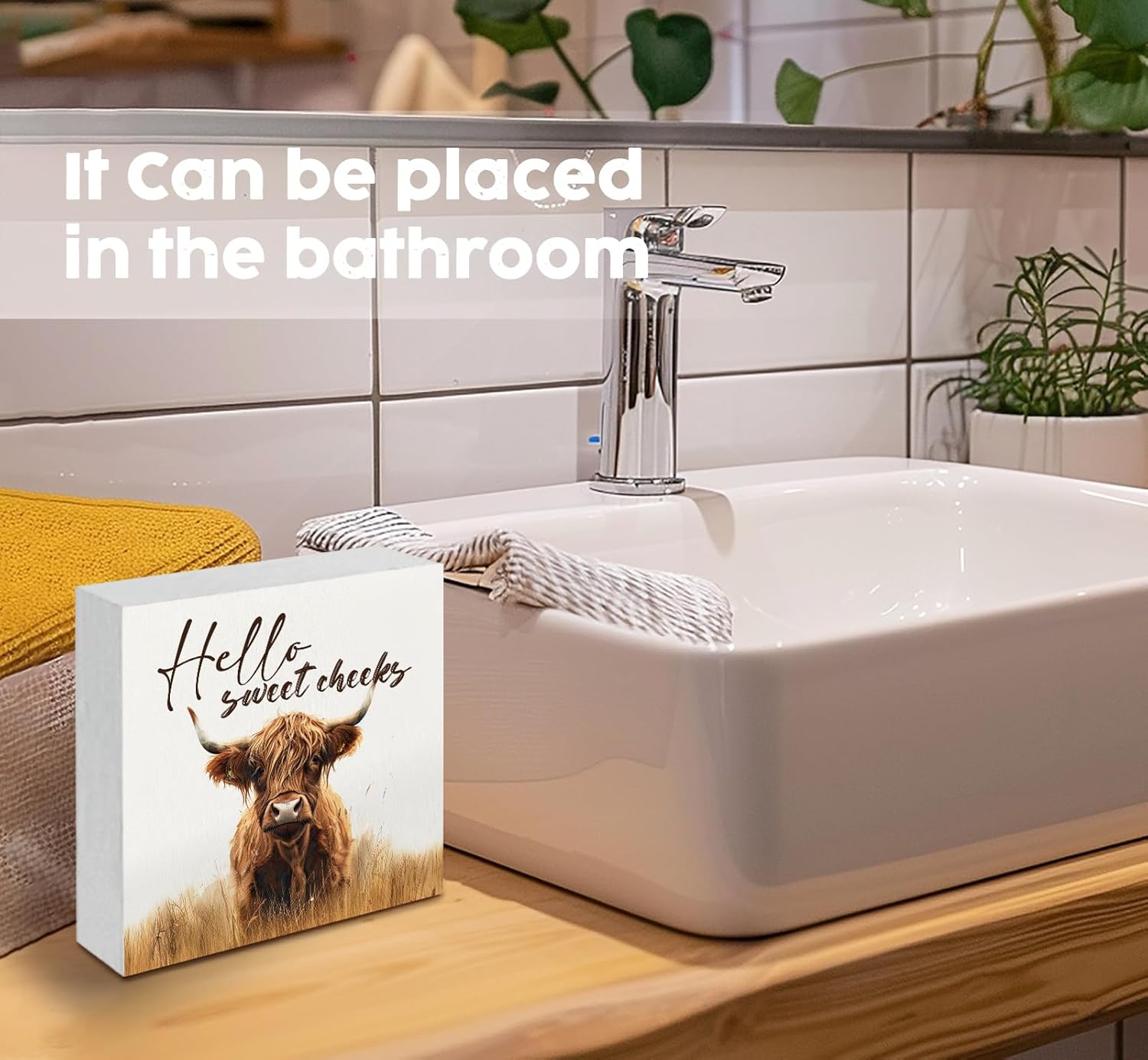 Funny Western Highland Cow Sign, Hello Sweet Cheeks Home Decor Signs, Rustic Farmhouse Animal Office Badroom Decor, Highland Cow Gifts For Women Lovers - Image 6