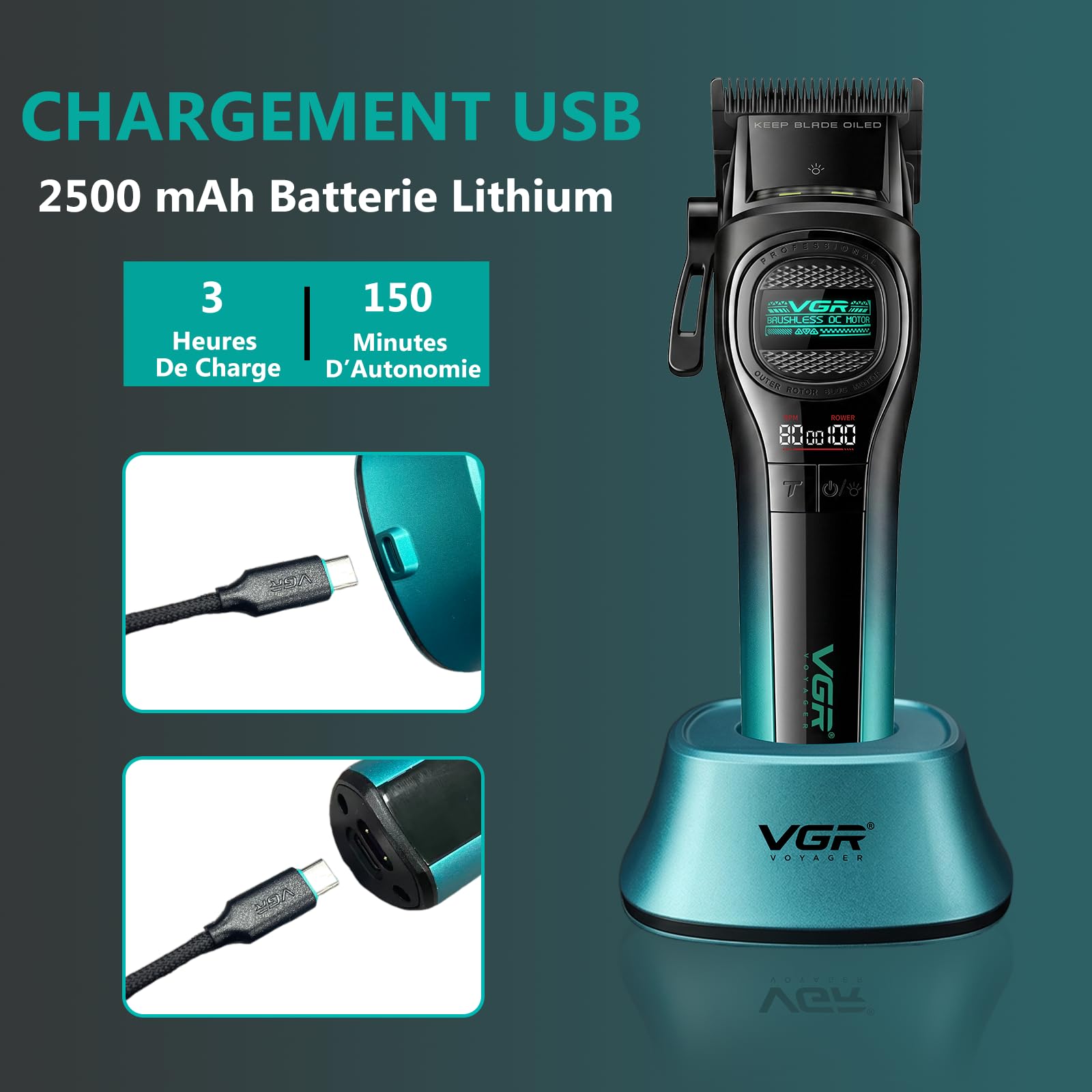 VGR 888C Tondeuse Cheveux Hommes Professionnel Sans Fil, Station de Charge