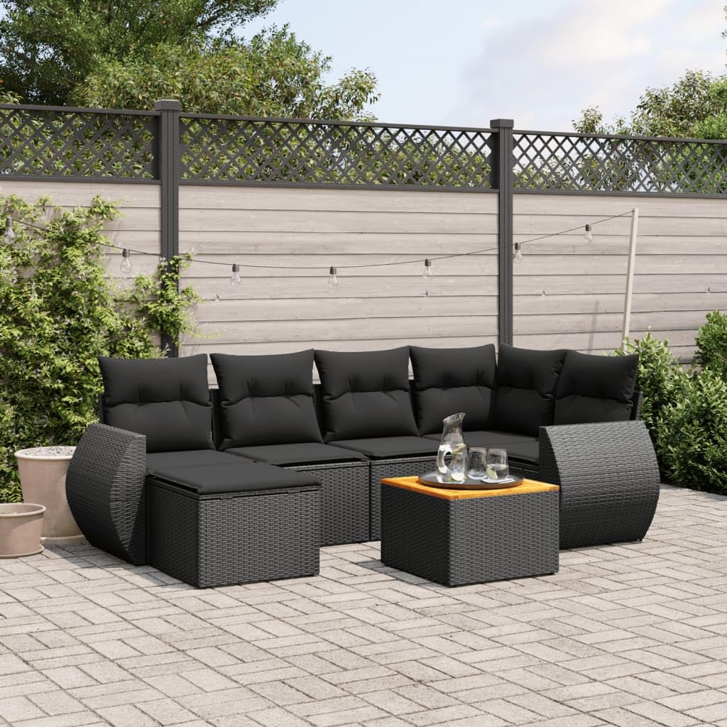 Salon de jardin 7 pcs résine tressée noire avec table et 6 chaises confortables