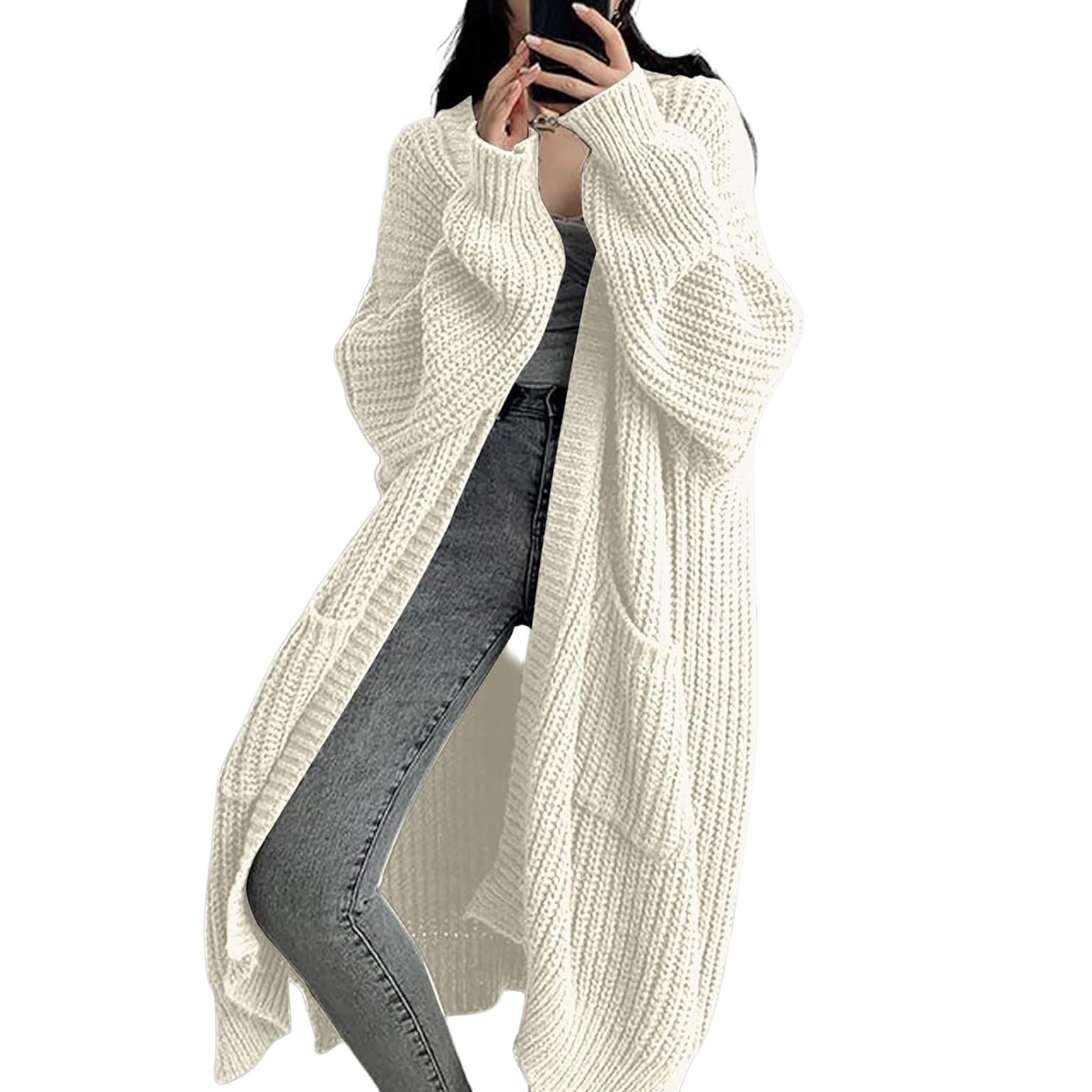 Długi Oversize Kardigan z Grubej Dzianiny Damski Jesienny Gruby Sweter Luźny Płaszcz Dzianinowy Miękki i Puszysty Kardigan z Kieszeniami(White,Medium)