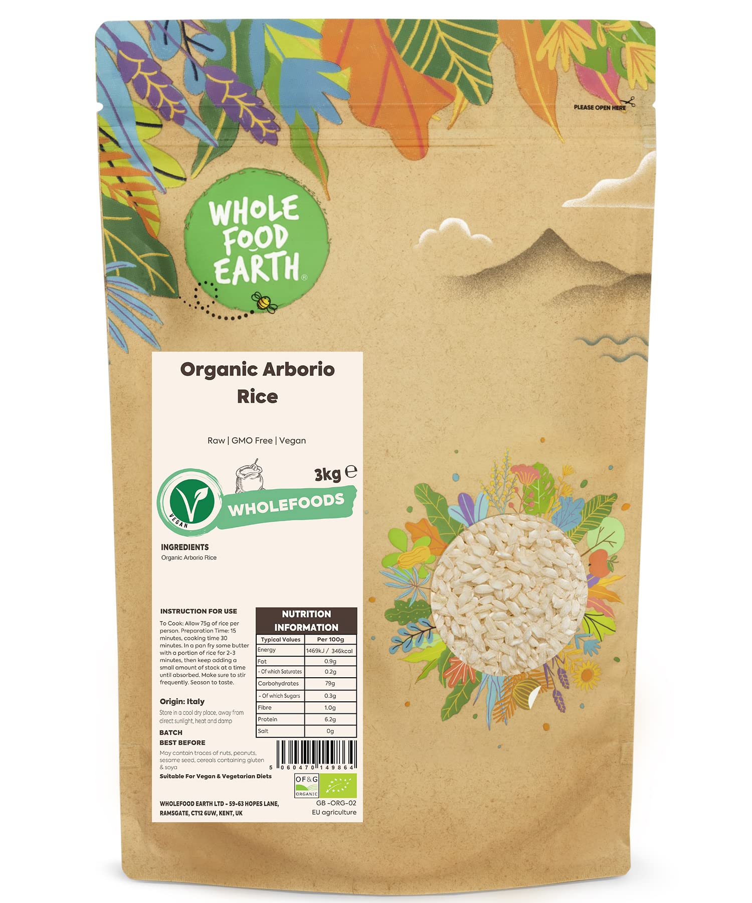 Organic Arborio Rice 3kg Raw | GMO Free | Vegan | Certified Organic