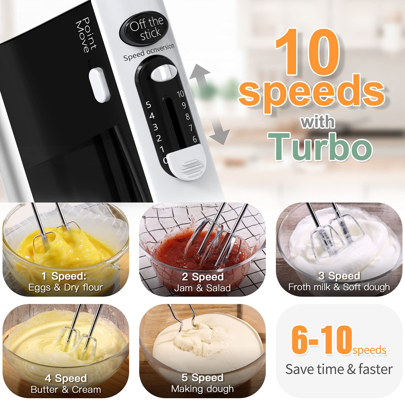 600W Electric Hand Mixer Kitchen Handheld Mixer 10 Speed Powerful with