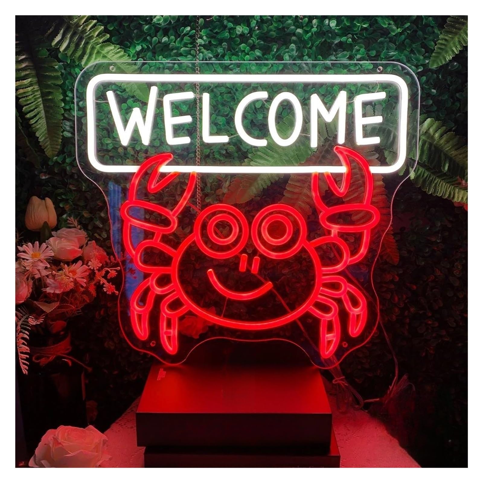 LEMST Sign Lamp The Crab Neon Sign with Welcome for Neon Pizza Burger Shop Decor Neon Light Restaurant Shop Wall Decor 39.3cmx43.2cm(A)
