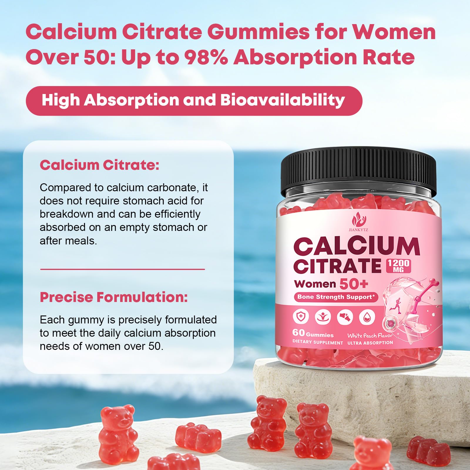 (2 Pack) Sugar Free Calcium Citrate with D3 Gummies for Women 50+, Vegan — Amazon image 6