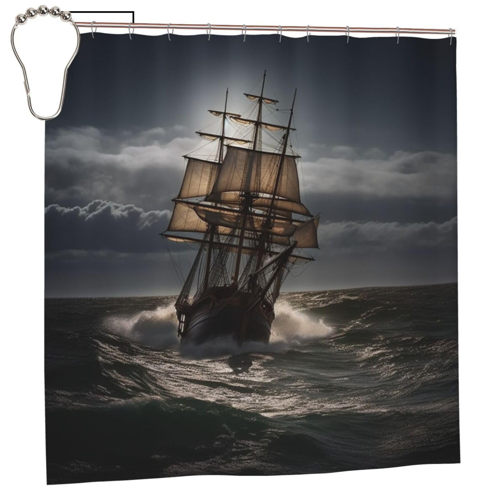 FodPand Sailing Ship in Storm Shower Curtain 70"x70" Waterproof Long Bathroom Curtain Heavy Duty Thick Cloth Bath Curtain Set with Hooks, Modern Abstract Art Pattern Bathroom Shower Curtains