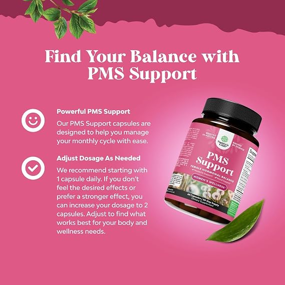 PMS Support Supplement for Women Hormone Balance for Women & Menstrual Discomfort with DIM, Chasteberry, Black Cohosh & Ashwagandha - for Period Cramps Ease, Menopause Bloating, Mood Swing 60 Ct