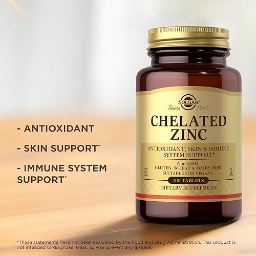 Miniatura 5 de Solgar Zinc quelado, 100 tabletas, paquete de 3, antioxidante, para la piel y el sistema inmunológico, sin OMG, vegano, kosher, sin gluten, 300