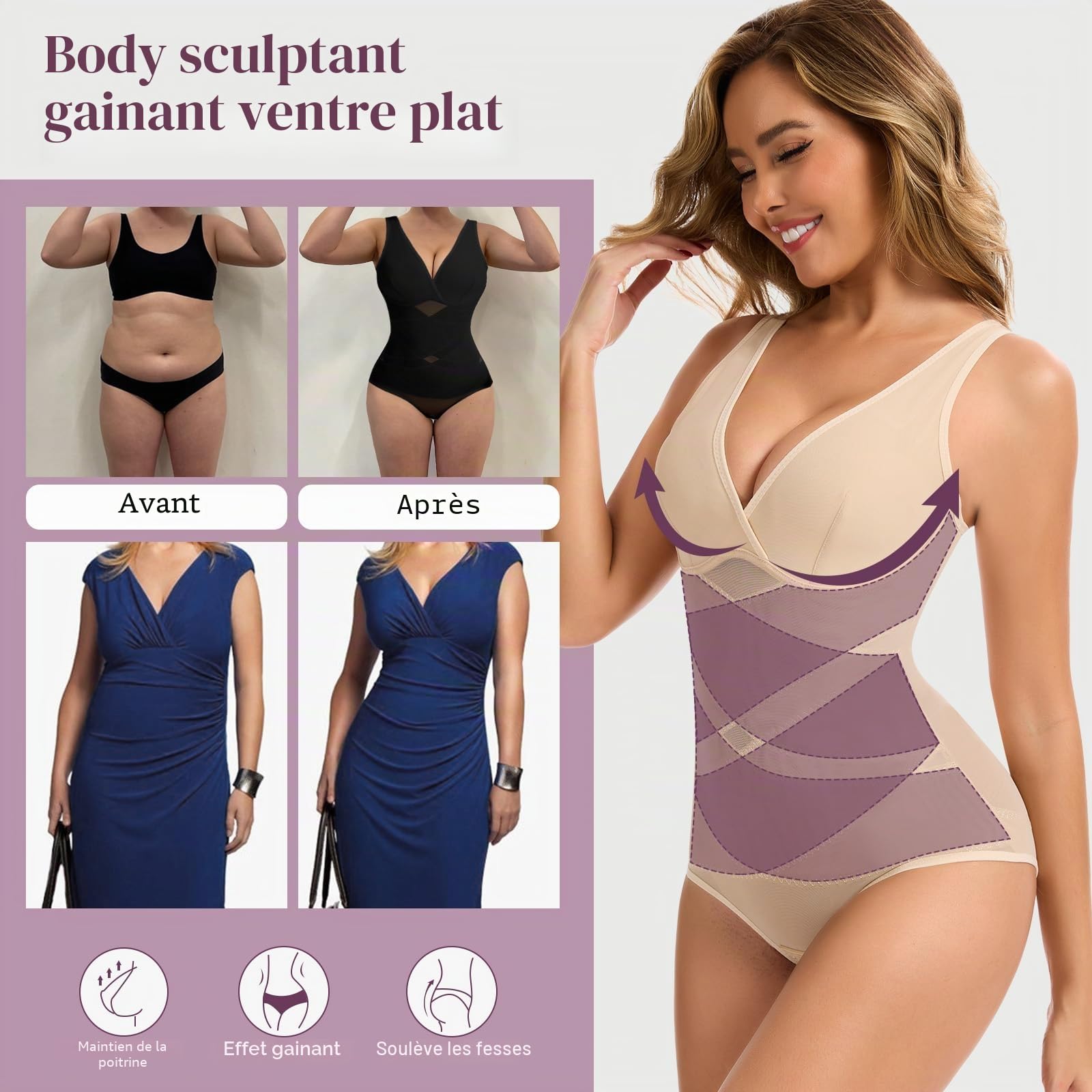 SHAPERIN Body Sculptant Femme Gainant Amincissante Ventre Plat Body Dos Nu Col en V Tank Top Bodysuit