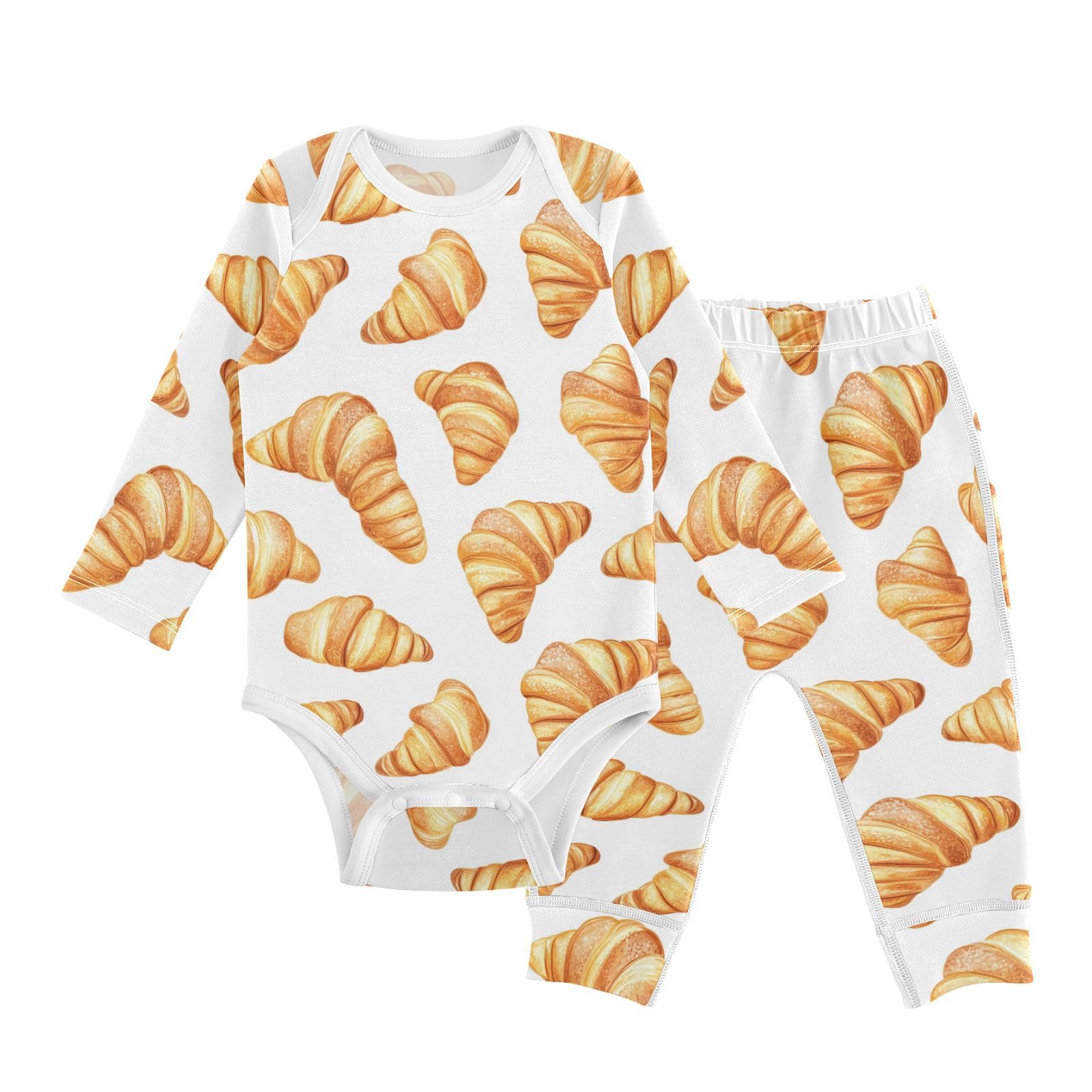 vvfelixl Baby Bodysuits Pants Sets Croissants Cartoon Pattern Baby Bodysuit Long Sleeve Baby Clothes for Boys Girls 12-18M