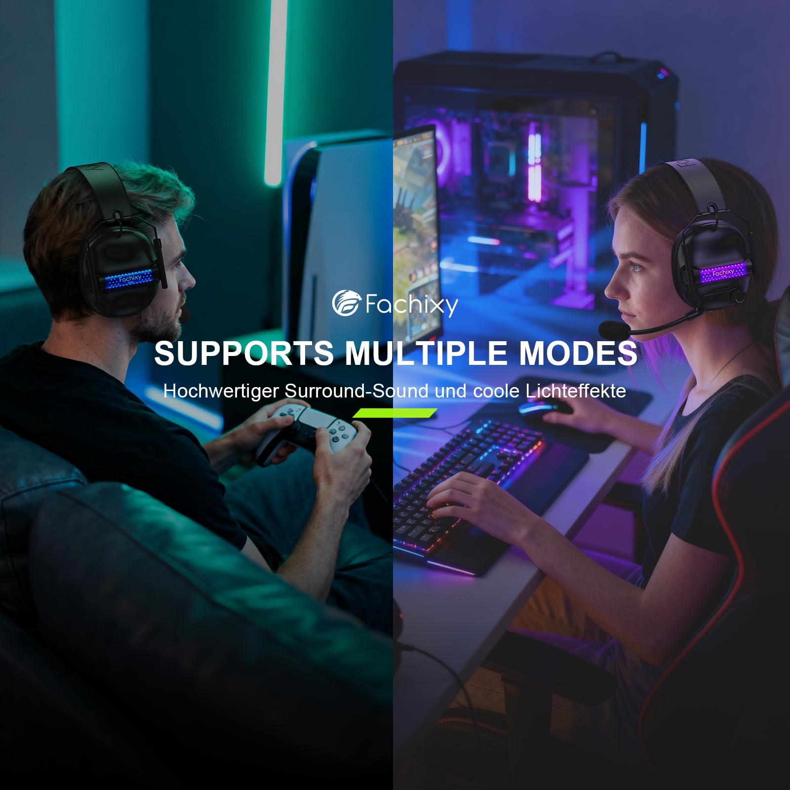Fachixy Gaming Headset Wireless Für Xbox Series X|S|One, PC, PS5, PS4, Switch, 2.4GHz & Bluetooth 5.4 Headset Kabellos mit Mikrofon, Geringe Latenz Noise Cancelling, Faltbar, 50H Akkulaufzeit