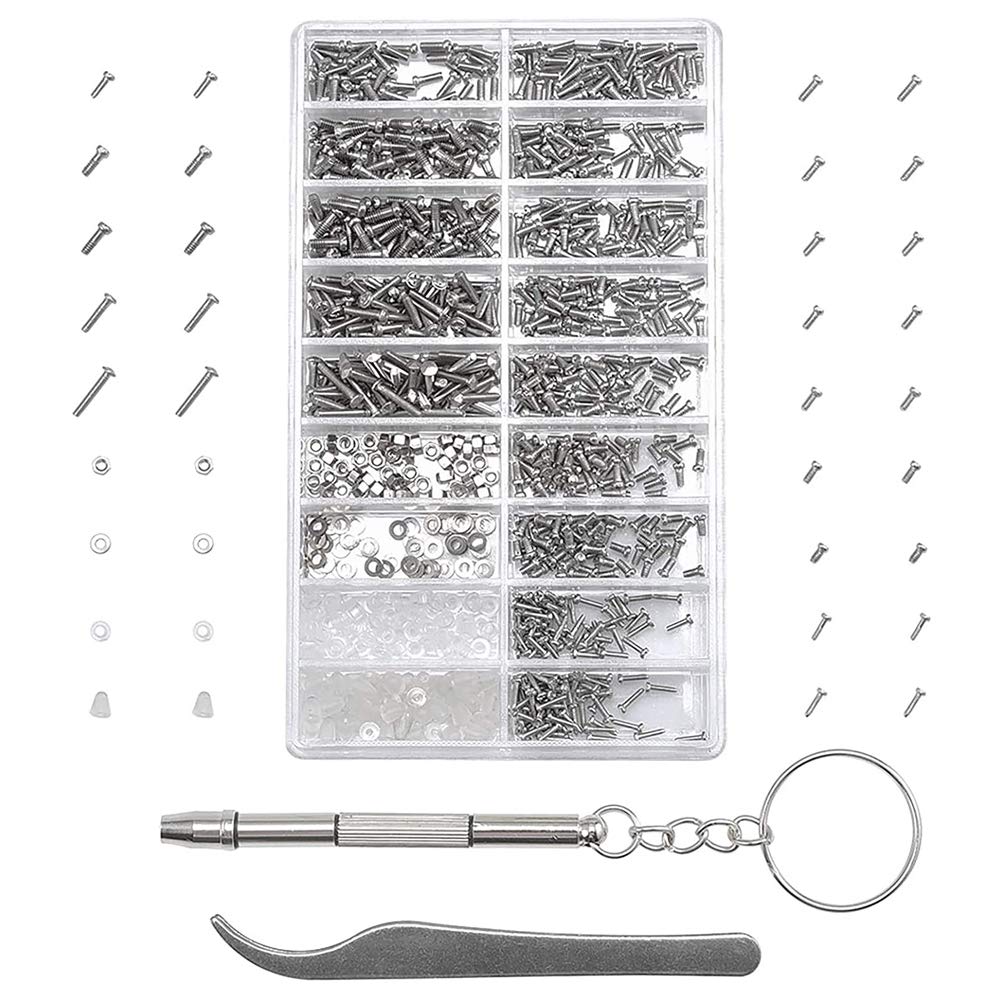 MMOBIEL 1000 pezzi in acciaio inox, micro viti, dadi, rondelle, occhiali da sole, set di riparazione con cacciavite e pinzette in metallo