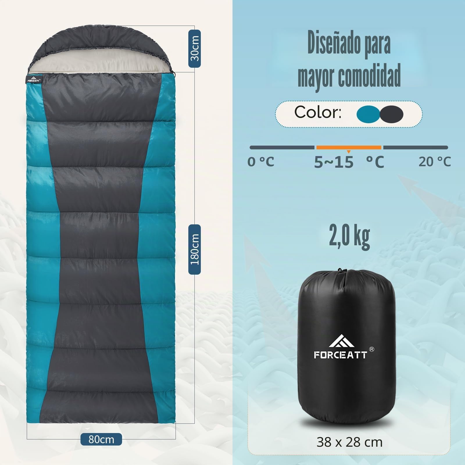 Forceatt Saco de Dormir Winter para Adultos de 0 ℃ a 20 ℃丨Ideal para Acampar, Hacer Mochileros y Hacer Caminatas y Otras Actividades al Aire Libre丨Resistente al Agua, Ligero y Cálido