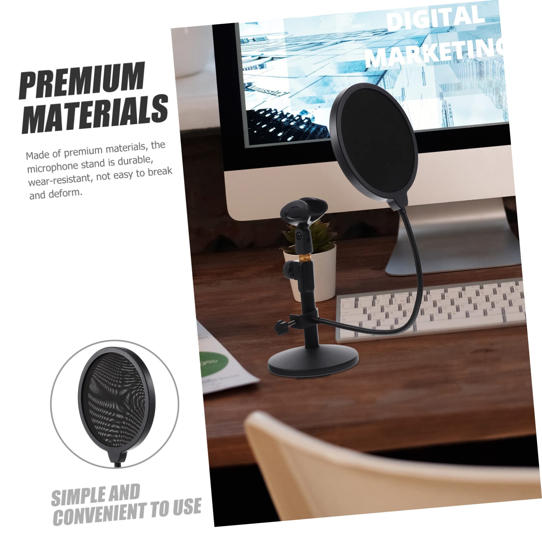 UPKOCH Soporte de Micrófono Ajustable para Escritorio Negro (290-395 Mm) con Clip y Filtro Antipop, Base Metálica Estable para Podcast, Grabación y Streaming