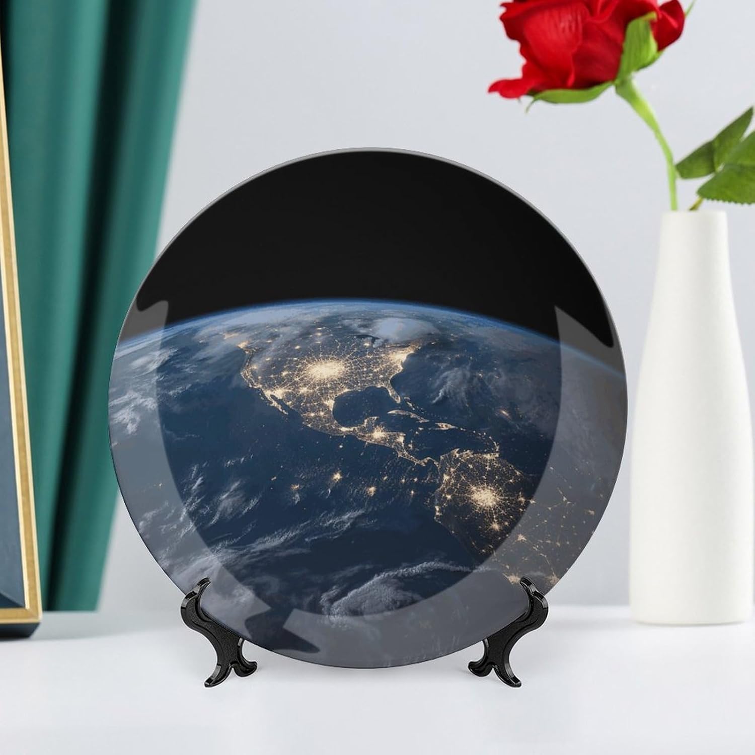 Earth from The Outer Space Ceramic Decorative Plate for Office Decor, Chinese Style Decorative Dish with Stand, Dinner Dish Decorative Plates for Wall Hanging Bone Collections Plates 10inch