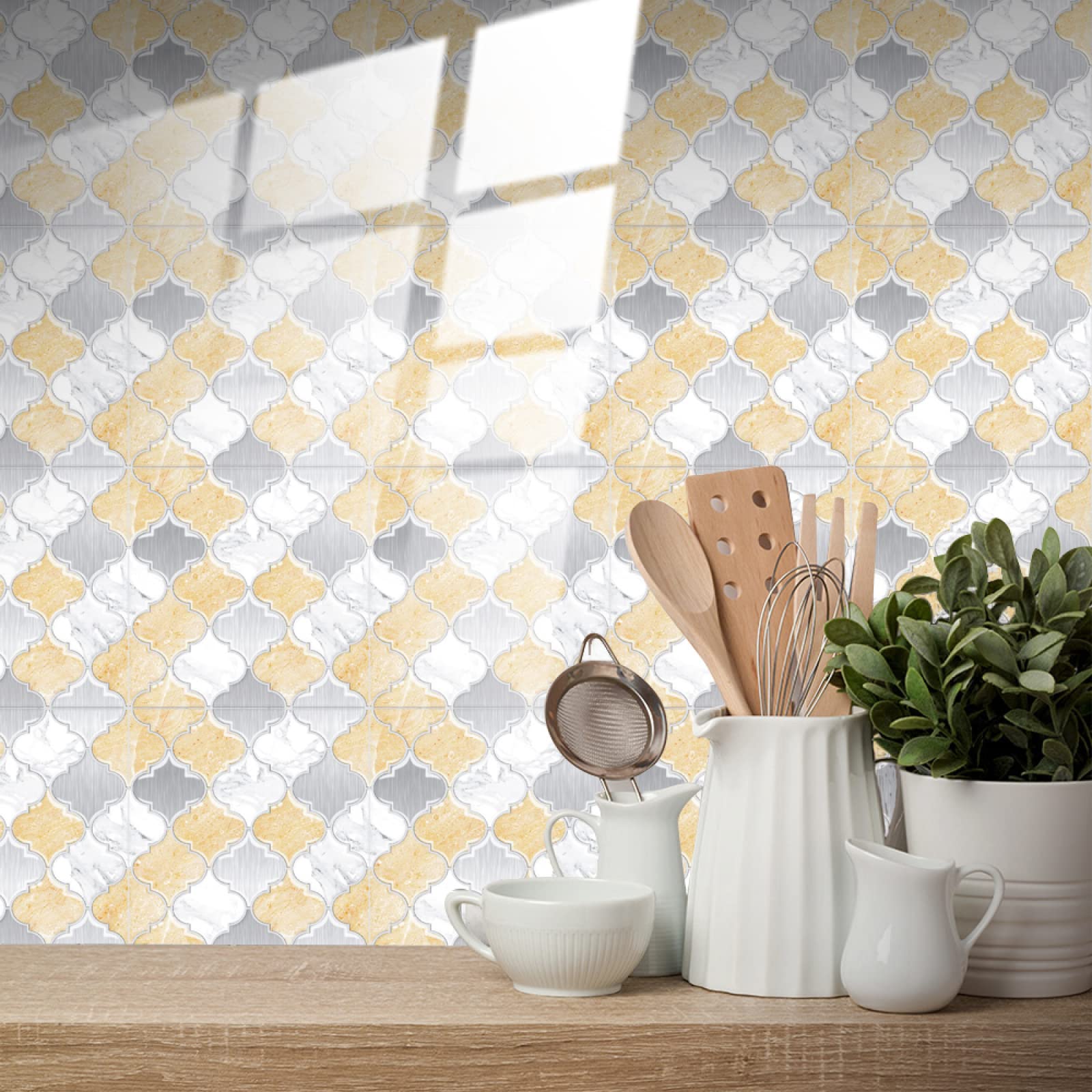 Wykwintne naklejki na płytki, żółto-szare, geometryczne, przyklejane na płytki, PCW, samoprzylepne ściany, wodoodporne, olejoodporne, do kuchni, DIY, odklej i płytki podłogowe, 25 szt. (20 x
