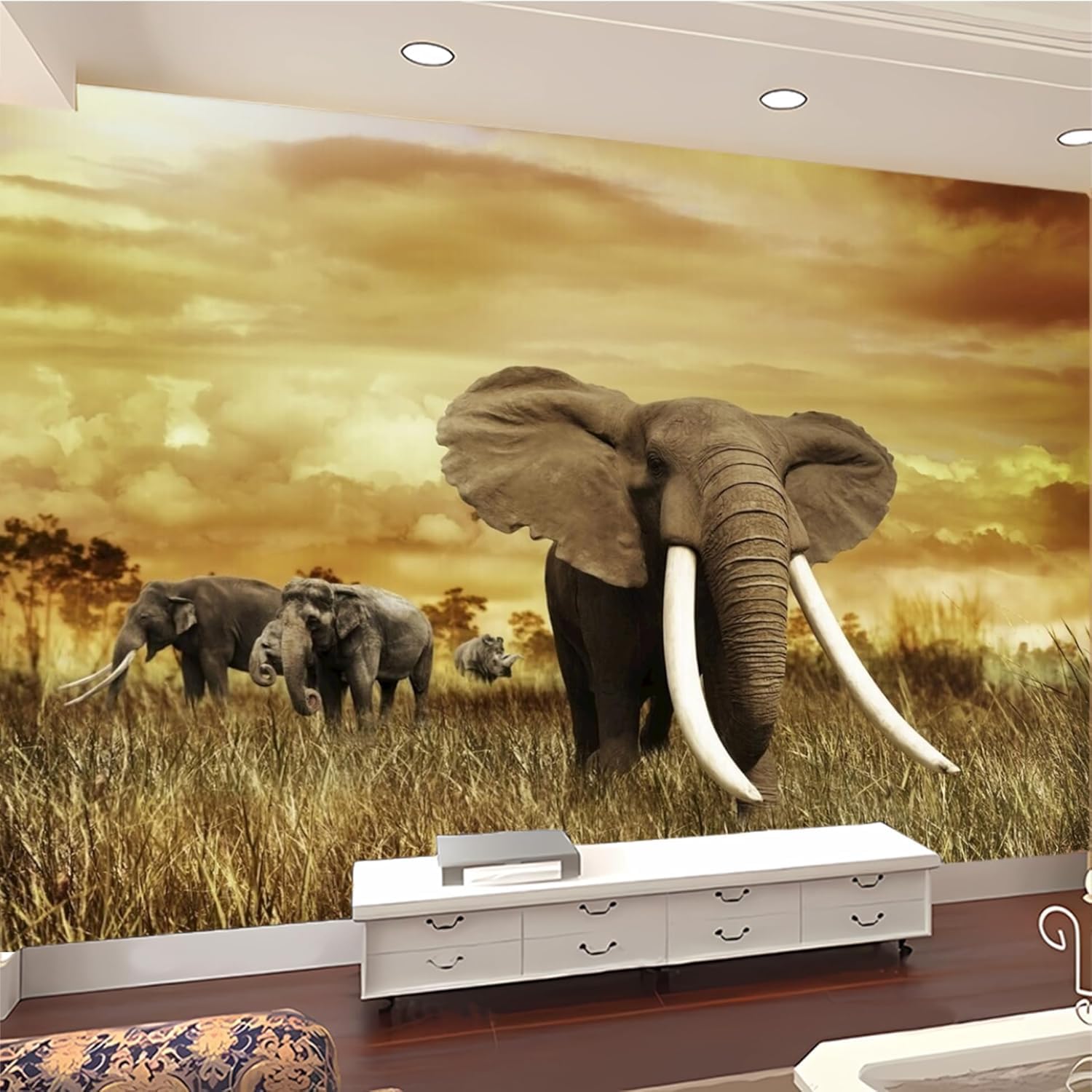 Poster géant mural éléphant en soie : transformez votre salon avec une fresque 3D
