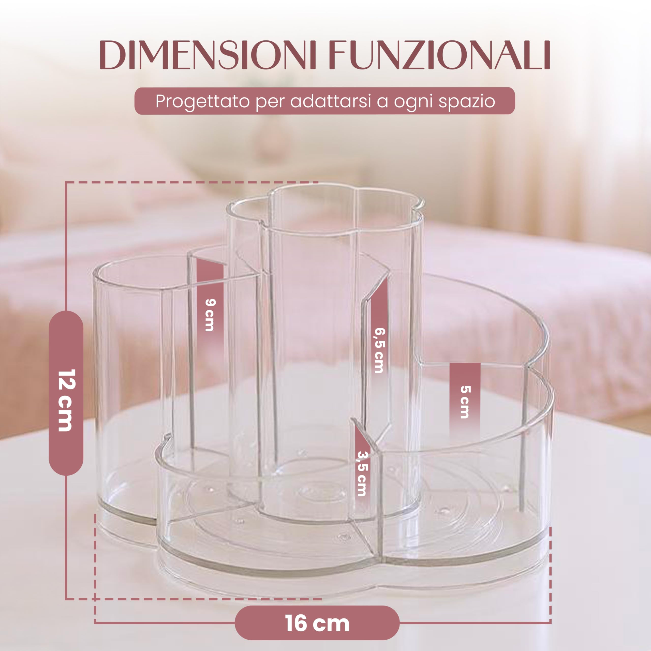 Generico Organizer Trucchi Girevole 360° Multifunzione in Acrilico Trasparente - Porta Cosmetici Salvaspazio con Base Antiscivolo e 6 Scomparti per Make-up, Skincare, Rossetti e Pennelli