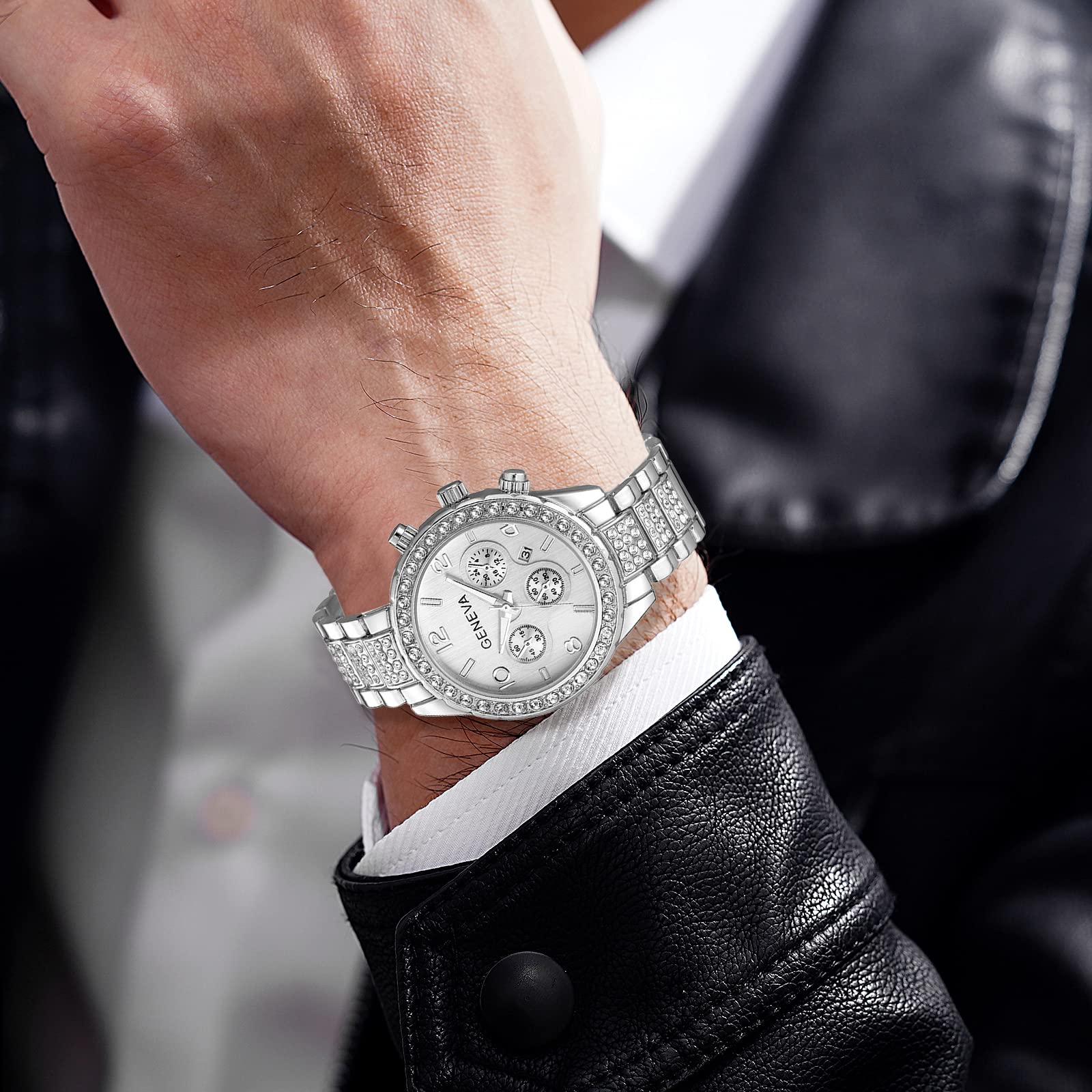 Reloj de cuarzo analógico con pulsera de eslabones de acero inoxidable para pavimentar unisex, plateado, ((C Silver), Estándar para hombre, Reloj de cuarzo 7