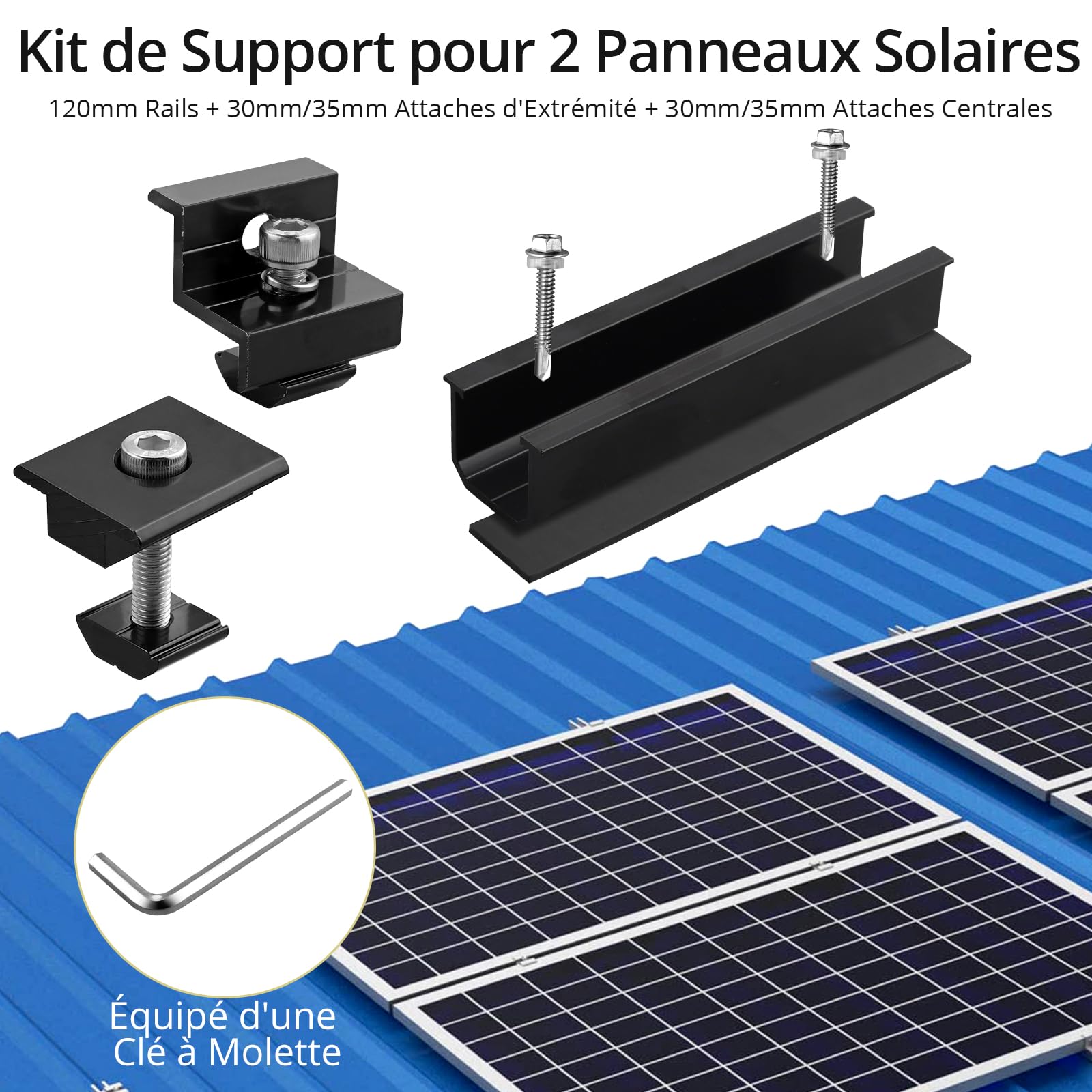 Anbte Kit de Supports de Panneau Solaire 6 Rails Courts en Aluminium avec 4 Pinces d'Extrémité en Z et 2 Pinces Centrales Supports en T Modules pour 30MM/35MM (Rails Courts de 120mm)