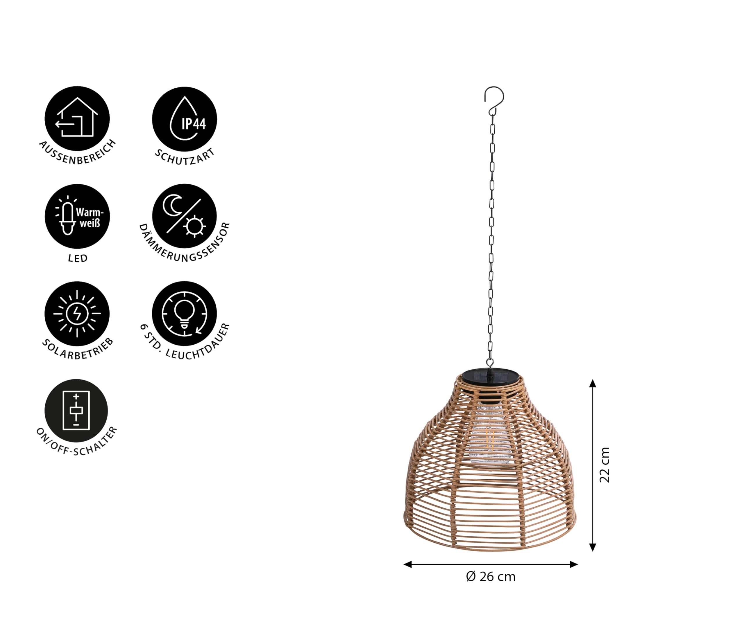 Dehner Solar-Hängelampe Mila, Gartenleuchte mit warmweißem Licht, IP44, Ø 26 cm, Höhe 22 cm, Kunststoff/Metall, Natur/braun