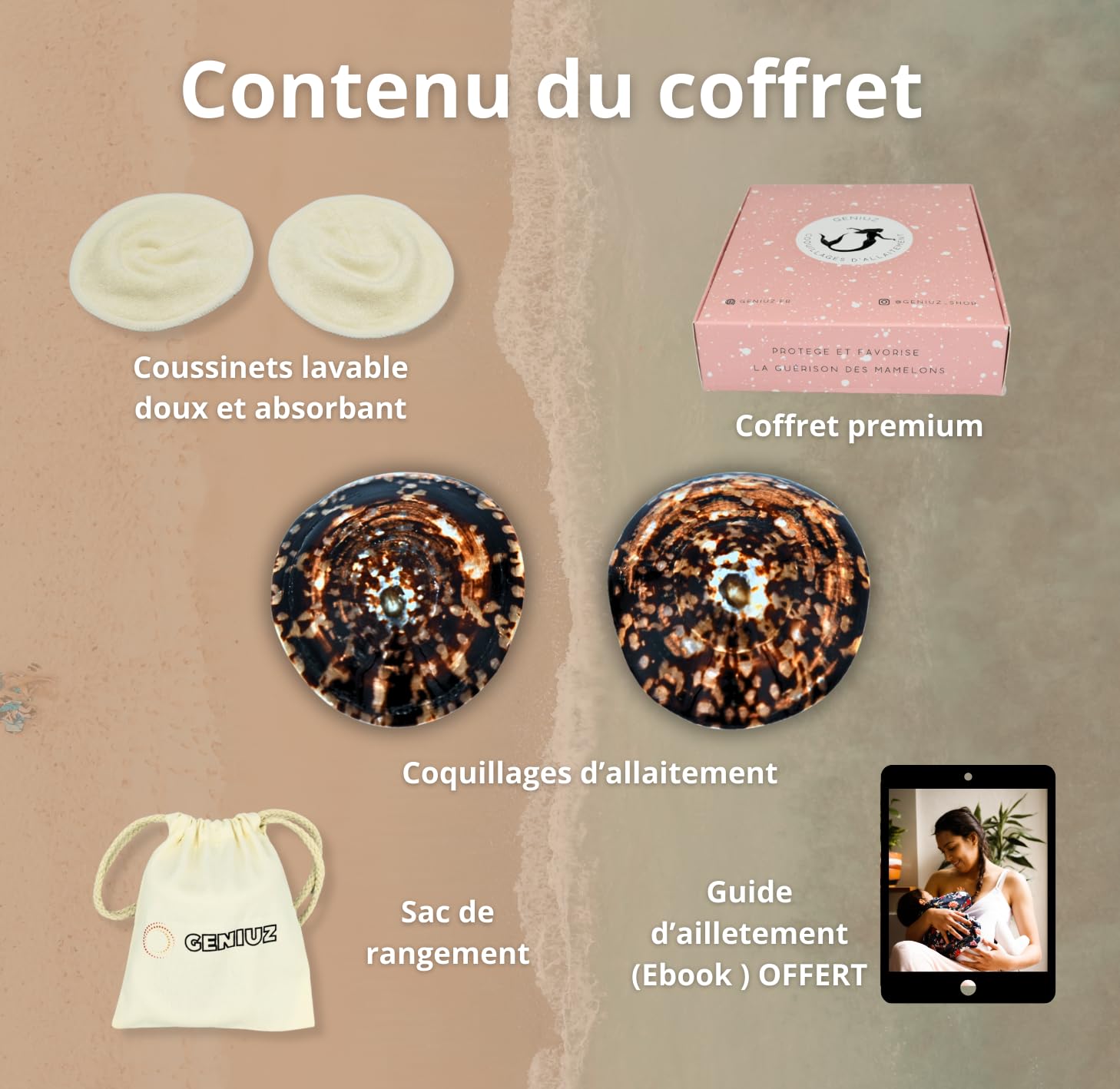 GENIUZ Coquillages Allaitement Coffret + Coussin + Ebook Offert (Large)