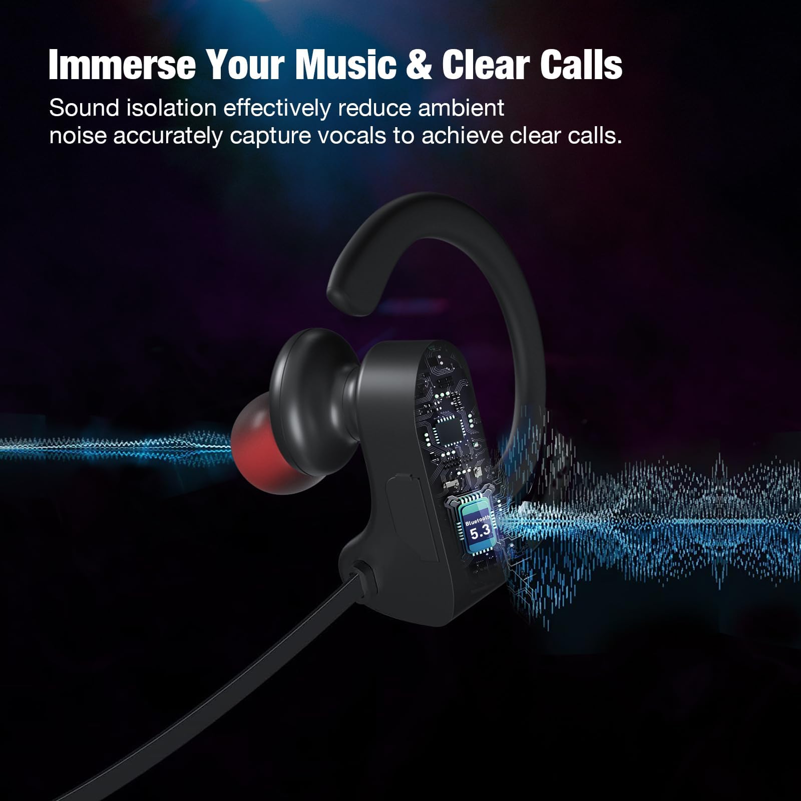 NUASI Wireless Bluetooth Headphones with Bluetooth 5.3, HD Deep Bass, IPX7 Waterproof, for Running Sports Black - Image 4