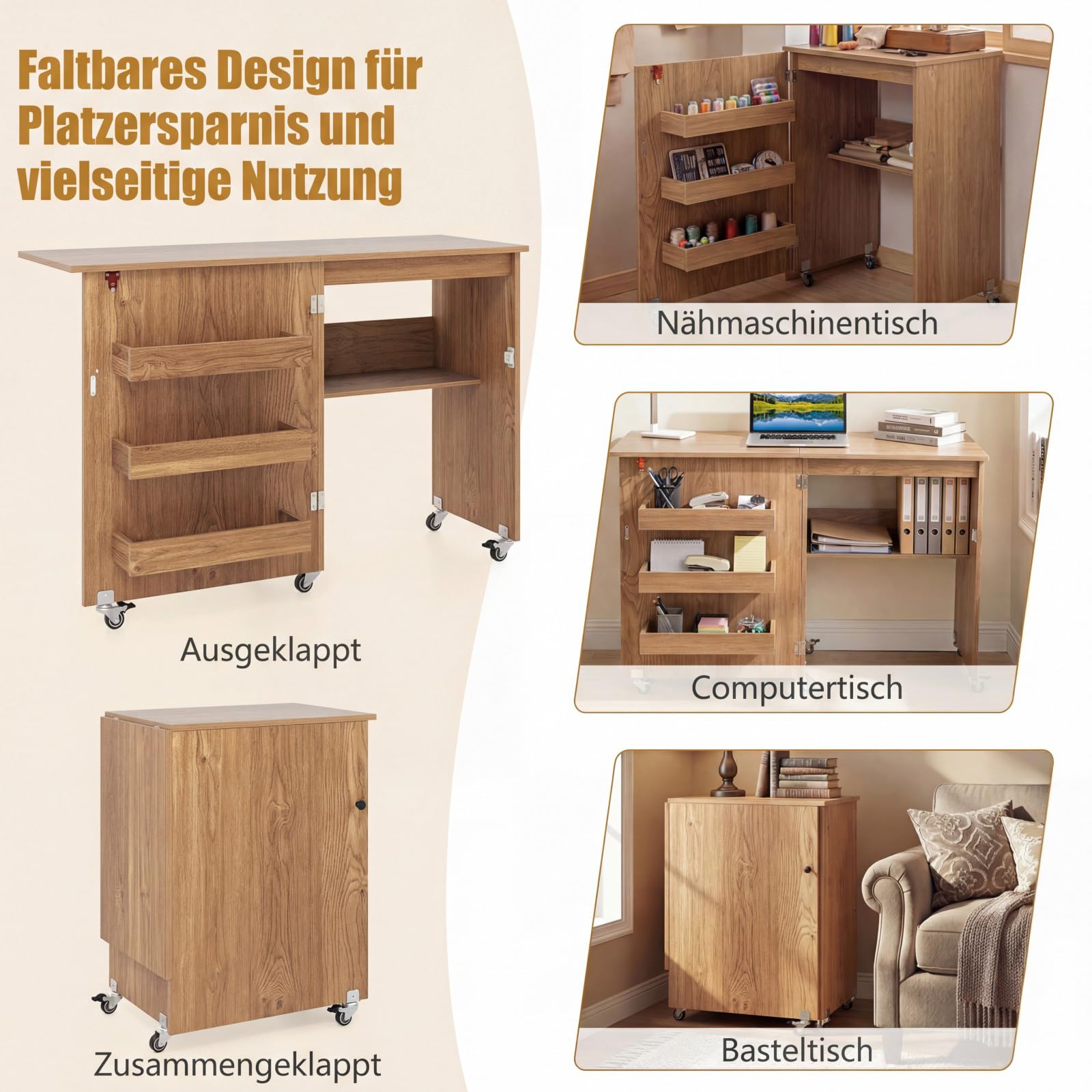 GIANTEX Nähtisch klappbar, Nähmaschinentisch auf Rollen, Nähtisch für Nähmaschine, Nähschrank Holz, Mehrzwecktisch für Wohnzimmer Arbeitszimmer Schlafzimmer (Eiche)