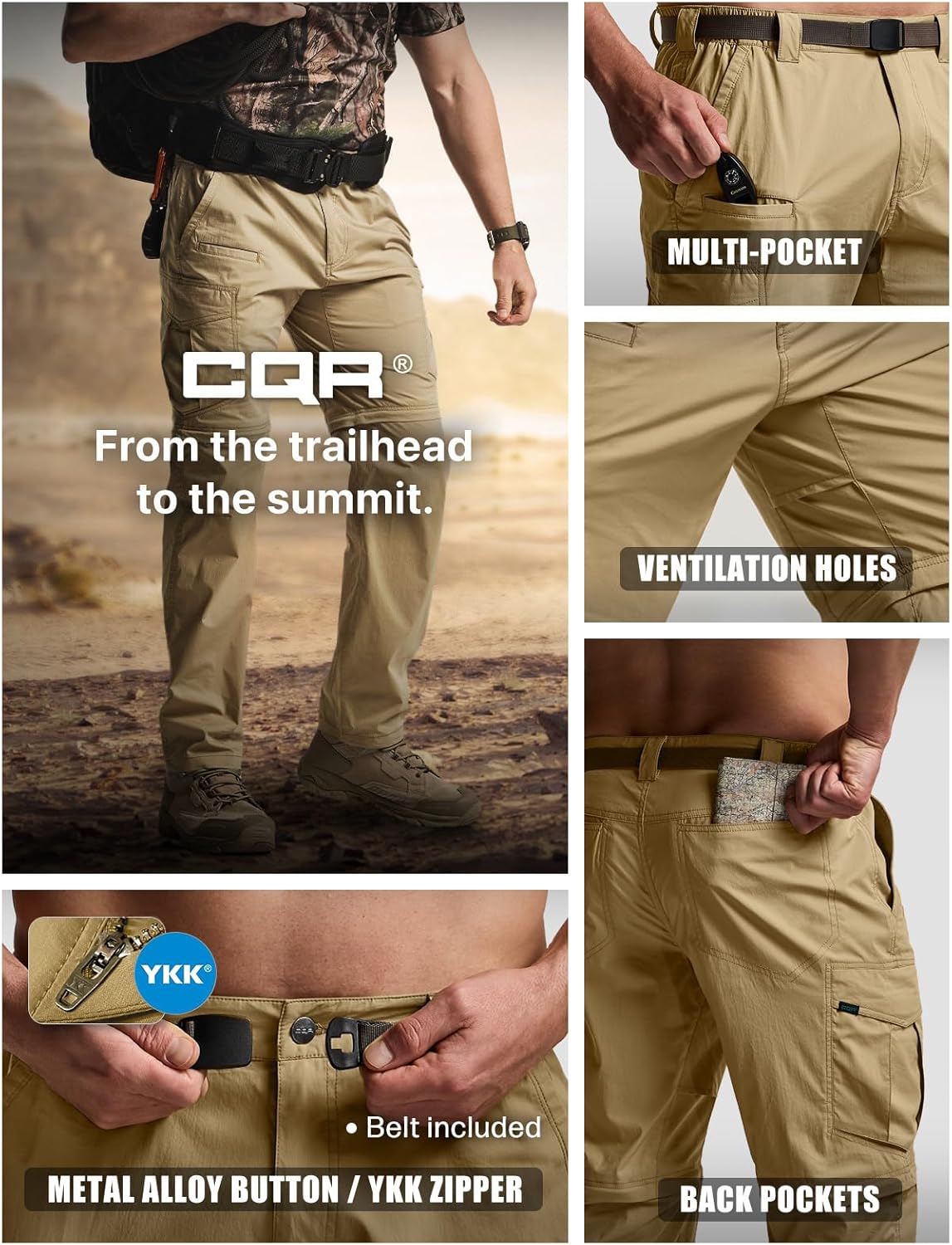 CQR Men's Convertible Cargo Tactical Pants, Water Resistant Outdoor Hiking Pants, Zip Off Lightweight Stretch Work Pants - Image 7