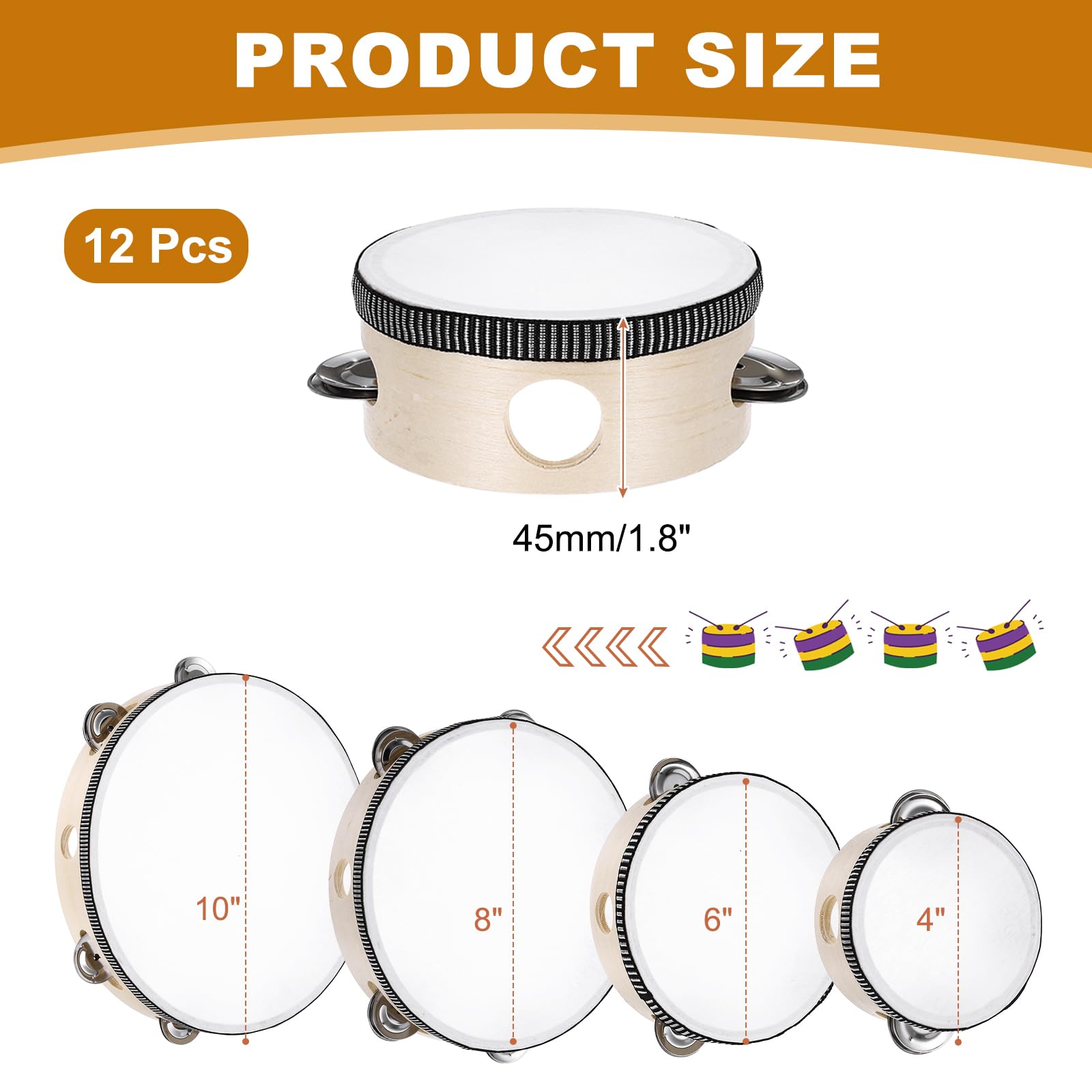 QUARKZMAN 12 Stk Tamburin Trommel 4 Zoll Holz Handgehaltenes Tamburin Einzelreihe Metall Schellen Percussion Musikinstrument Für Erwachsene Kirche Hochzeit Party Spiele Holzfarbe
