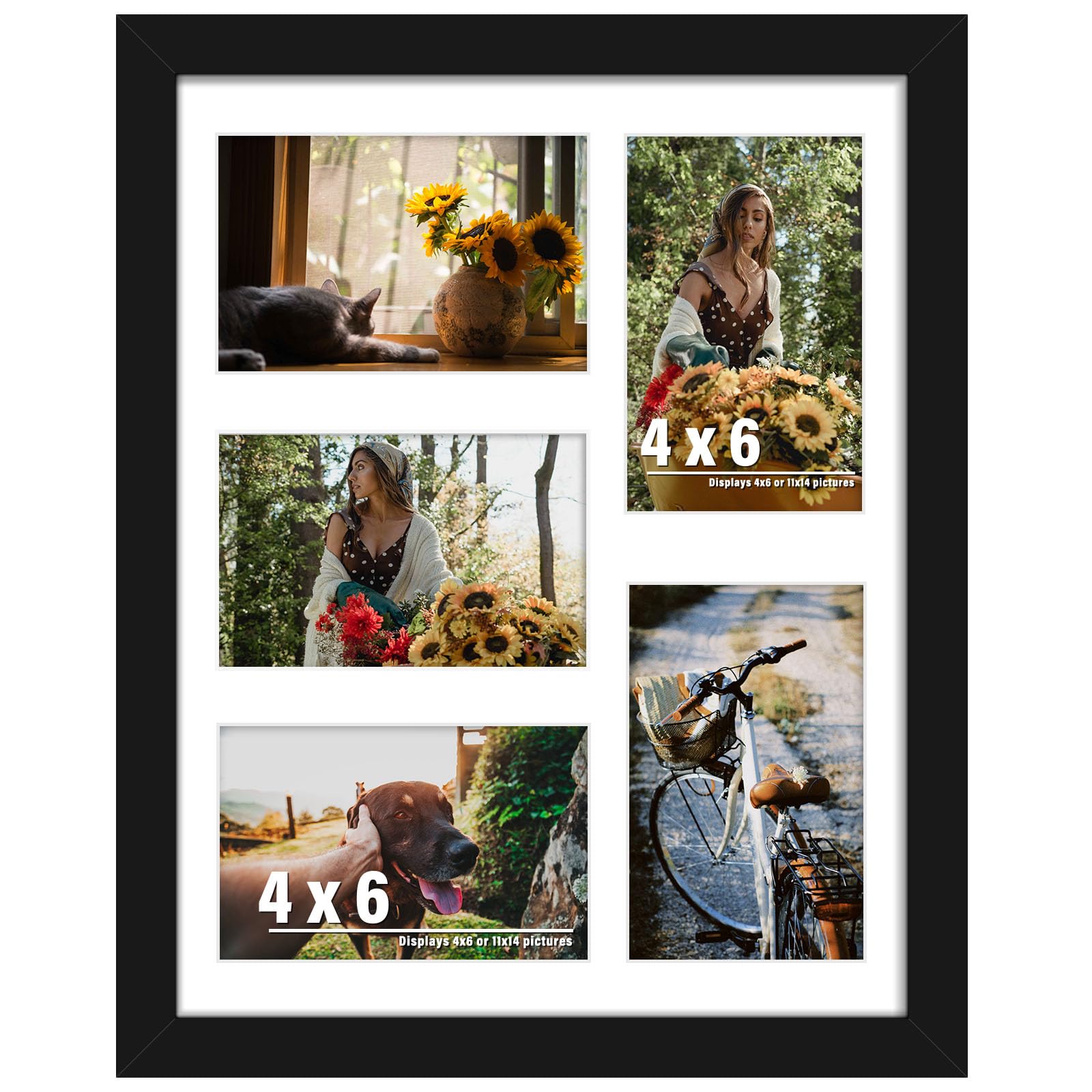 11x14 Collage Picture Frame, 4x6 Collage Picture Frame, Displays Five 4x6 inch Photos, or 11x14 (Without Mat) Wall Decor Wall Hanging or Tabletop, Black.