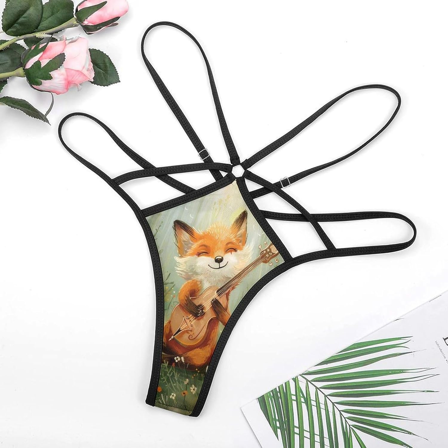 Musical Fox in Forests Funny Women's T-back Thong Panties G-String Printed No Show Underwear