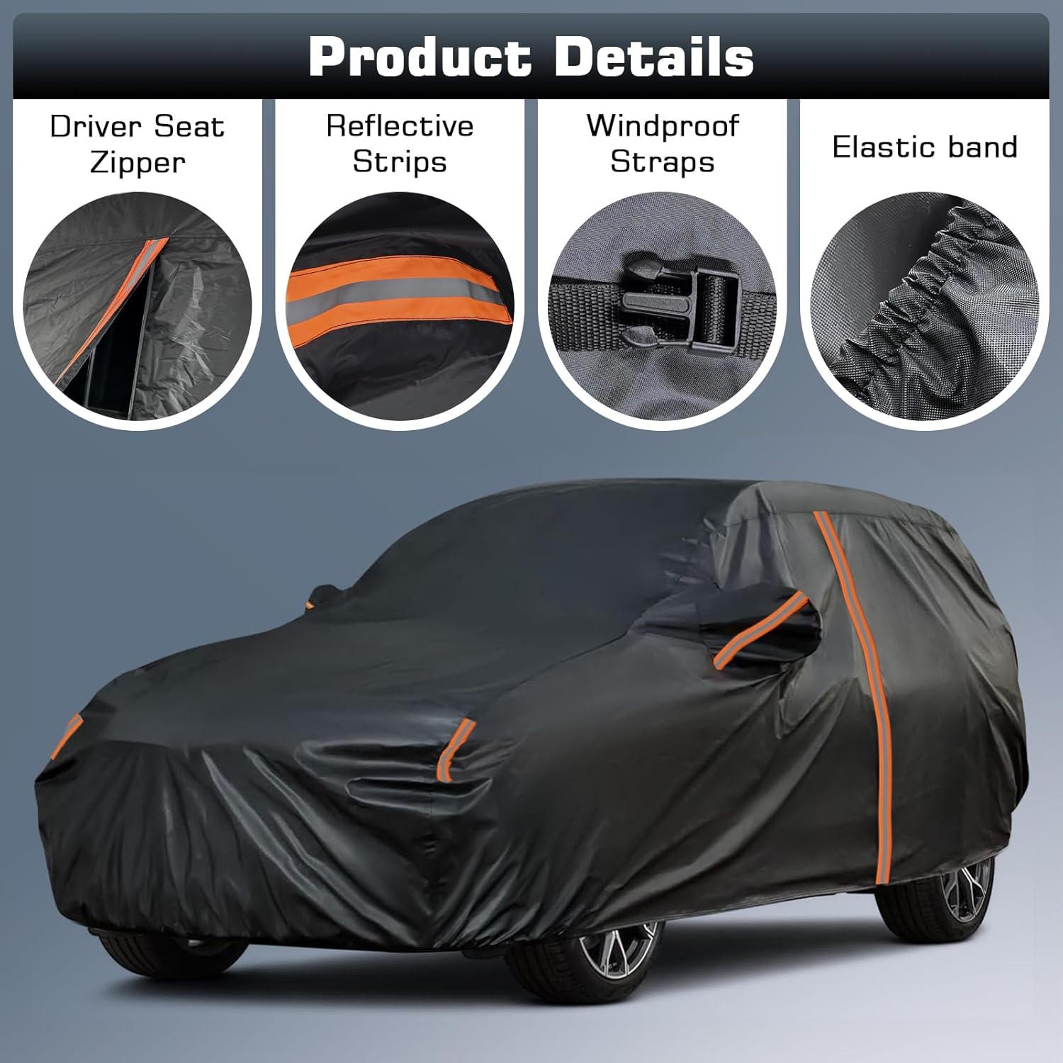 Car Cover for 2021-2025 Jeep Grand Cherokee L, All Weather Outdoor Full SUV Covers with Zipper Door, Windproof Band and Reflective Strip for Snow Rain Dust Sun UV Protection