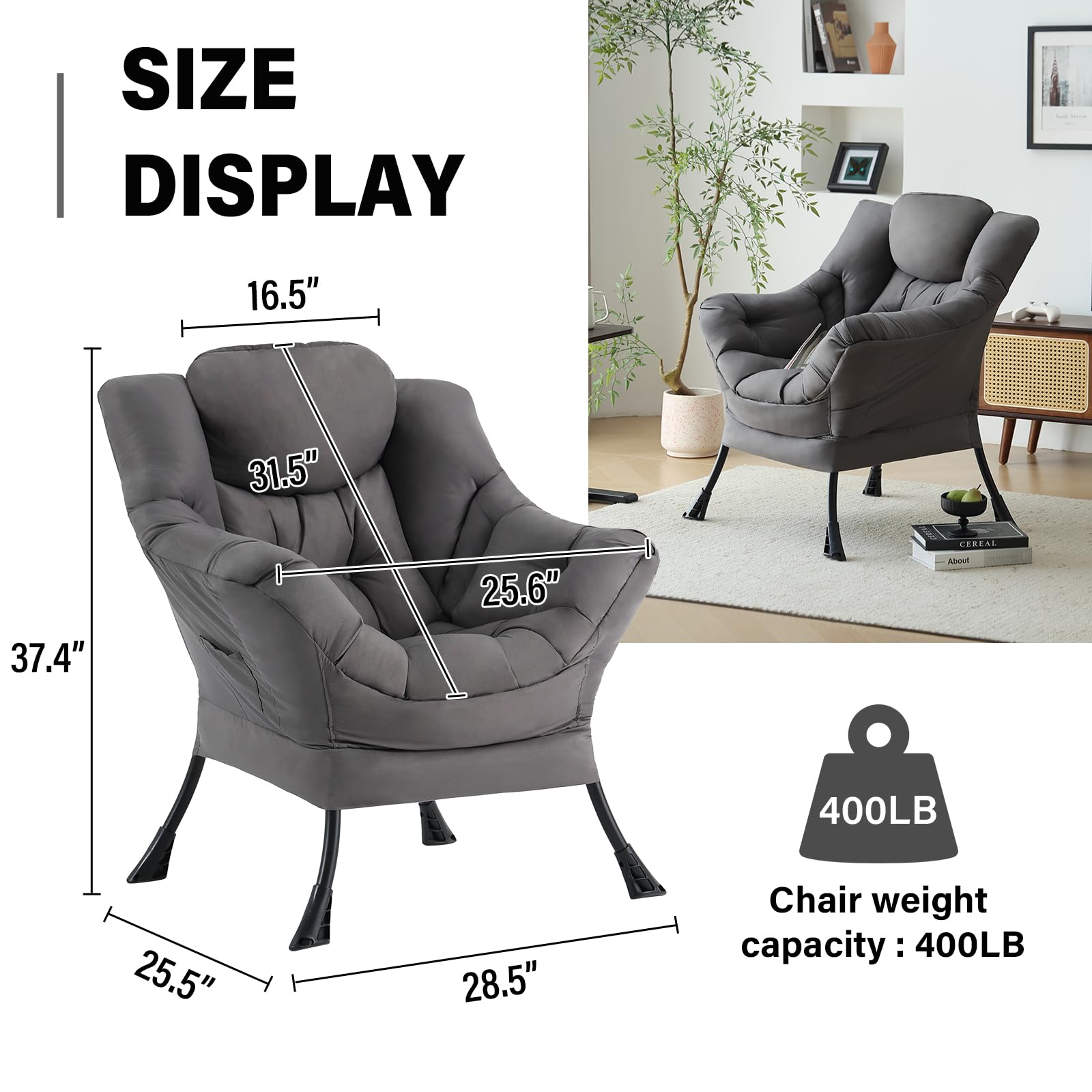 Comoda poltrona, sedia da lettura imbottita con tasca laterale e braccioli, sedia moderna per camera da letto, soggiorno, grigio scuro