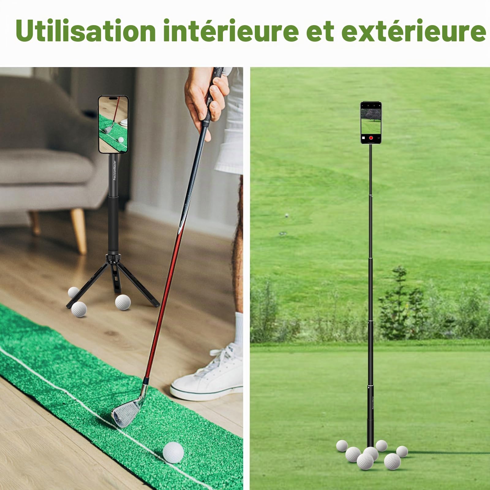 PrecisionMaster Trépied & Monopode Golf, Perche Magnétique Film Golf 135cm Réglable Aluminium, Aide Entraînement Swing Golf Compatible MagSafe iPhone Android