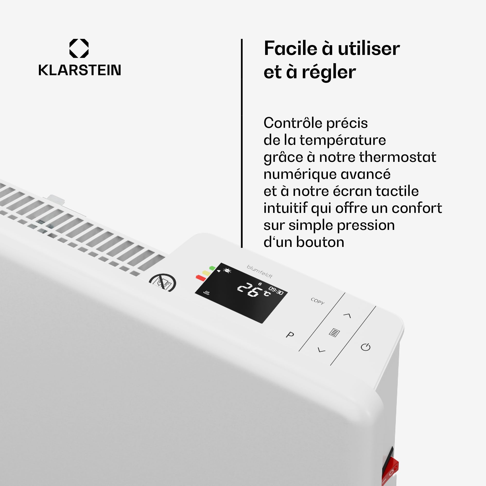 Blumfeldt ThermaTouch convecteur électrique 2000 W - thermostat électronique, minuterie 24 h, design moderne, IP24, radiateur électrique pour 20 m², radiateur mural ou sur pied, blanc