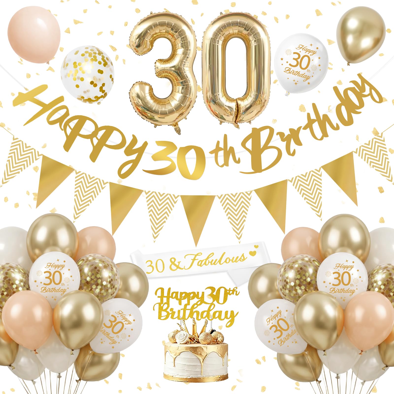 30th Birthday Decorations for Women Men, Gold and White Birthday Balloons with Number 30 Foil Balloons, Happy 30th Birthday Banner, Bunting, Cake Topper, Sash, White Gold Birthday Party Decoration