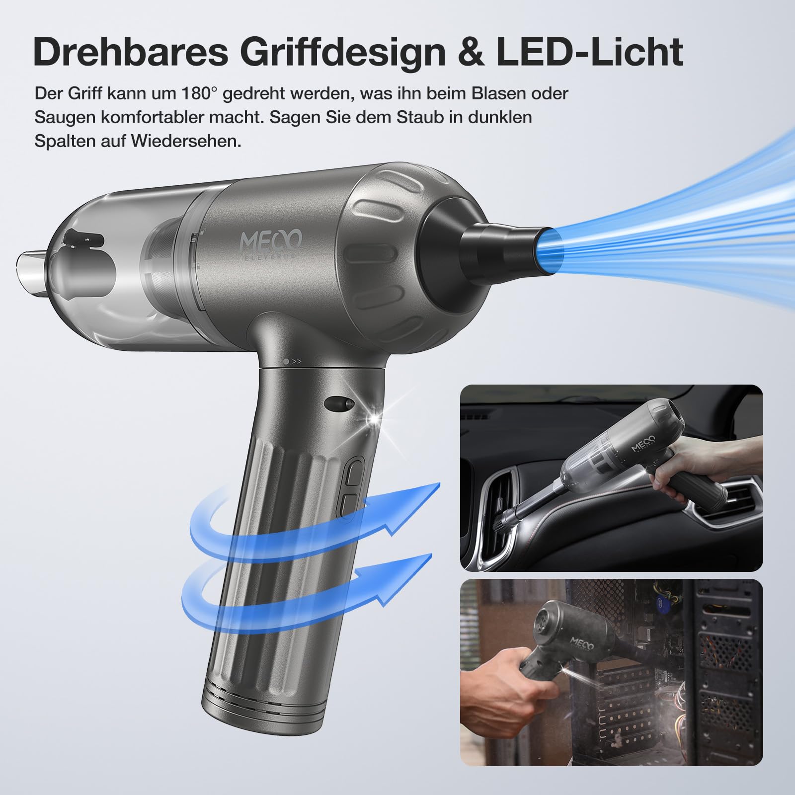 MECO ELEVERDE 4-in-1 Handstaubsauger Akku, Elektrische Staubgebläse 130000U/min 3-Gang Auto Staubsauger mit Bürstenloser Motor und LED-Licht, Tastatursauger Druckluftspray für PC, Sofa, Auto, Grau