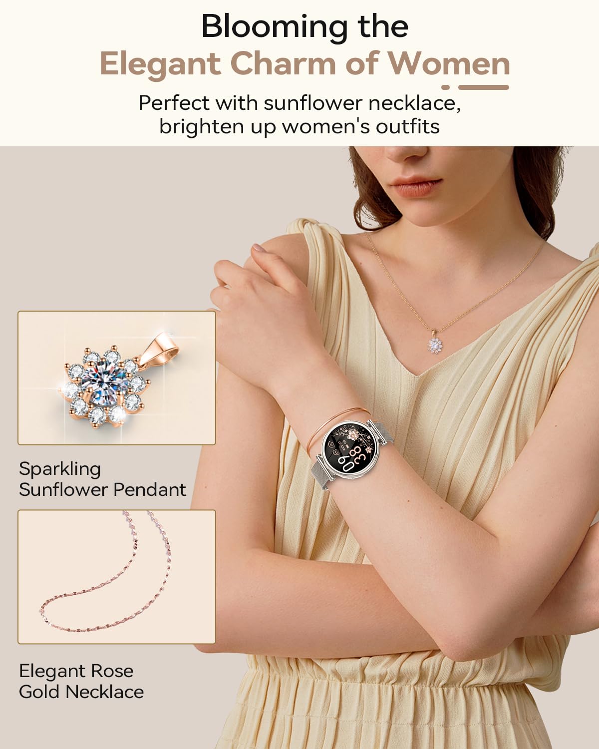 Fitnynxos Smartwatch Donna, 1.27" HD Orologio Smartwatch con Chiamate, 120+ Sport, 24h Cardiofrequenzimetro Ciclo Mestruale SpO2 Sonno IP68 Contapassi Notifiche WhatsApp per iOS Android Argento Regalo
