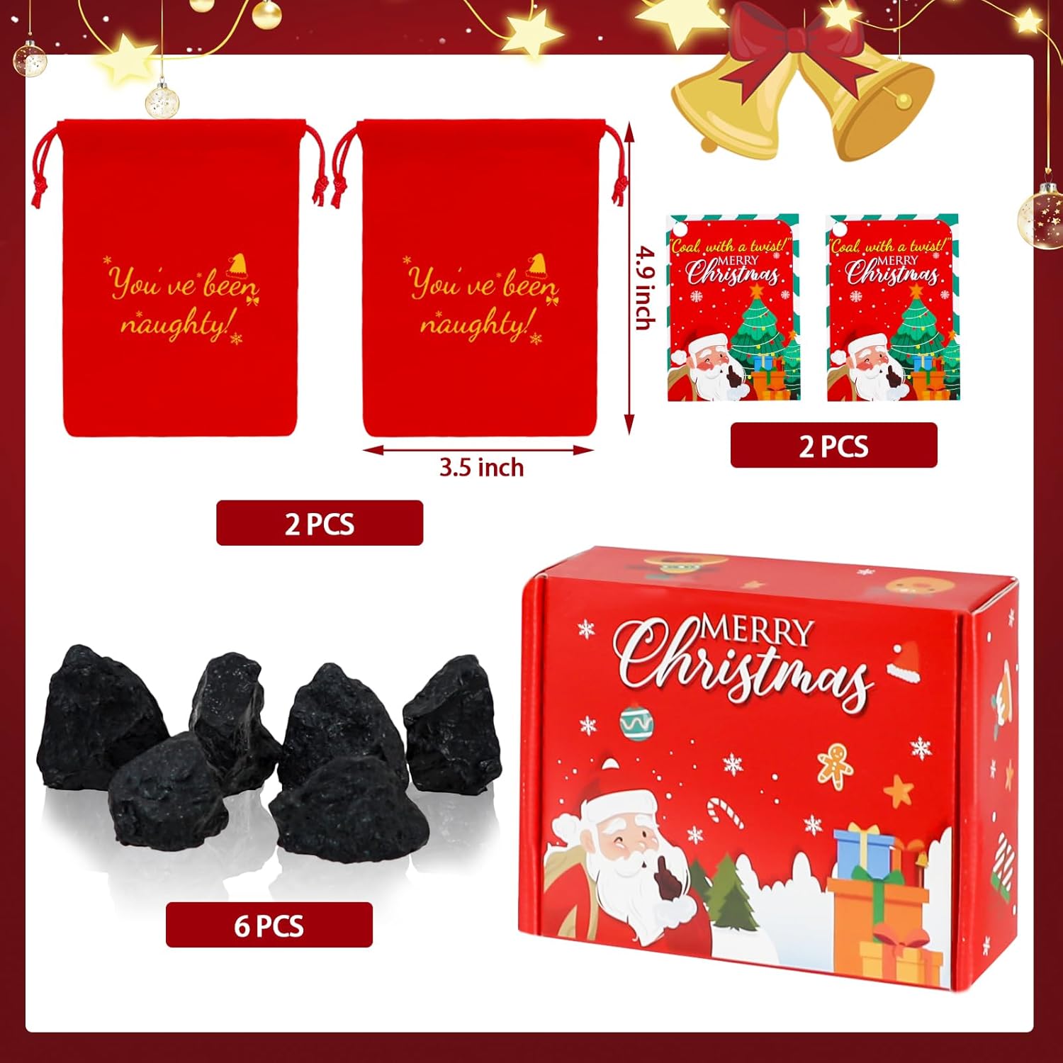 Fake Coal, Funny Secret Santa Gifts, Coal with Naughty Bag, Novelty Funny Gifts for Santa Xmas Holiday Stocking Stuffers