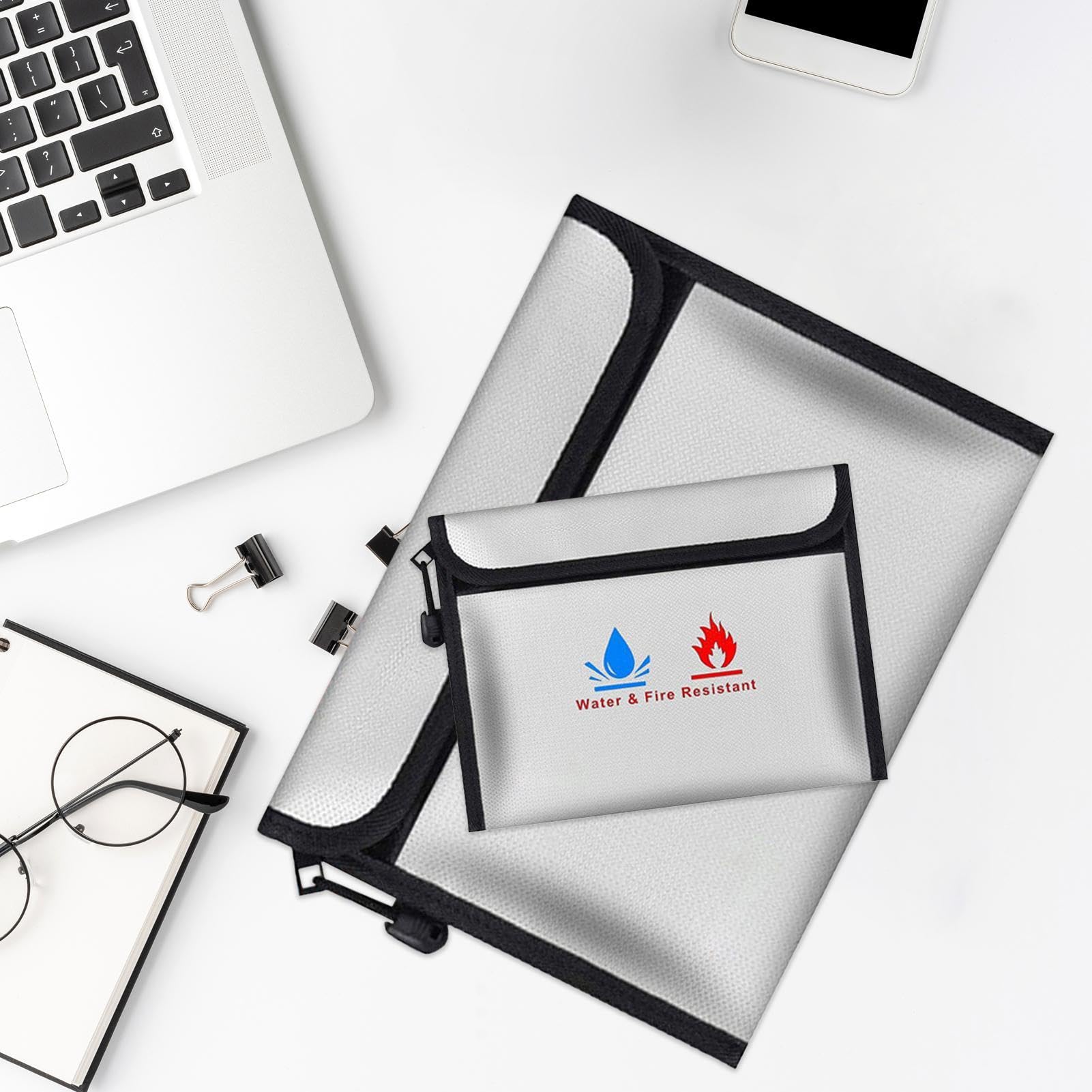 Borsa portadocumenti ignifuga, cassetta sicura, documenti ignifughi a | prova di denaro, confezione da 2 e piccoli supporti per carta impermeabili, doppio strato in silicone per contanti, passaport
