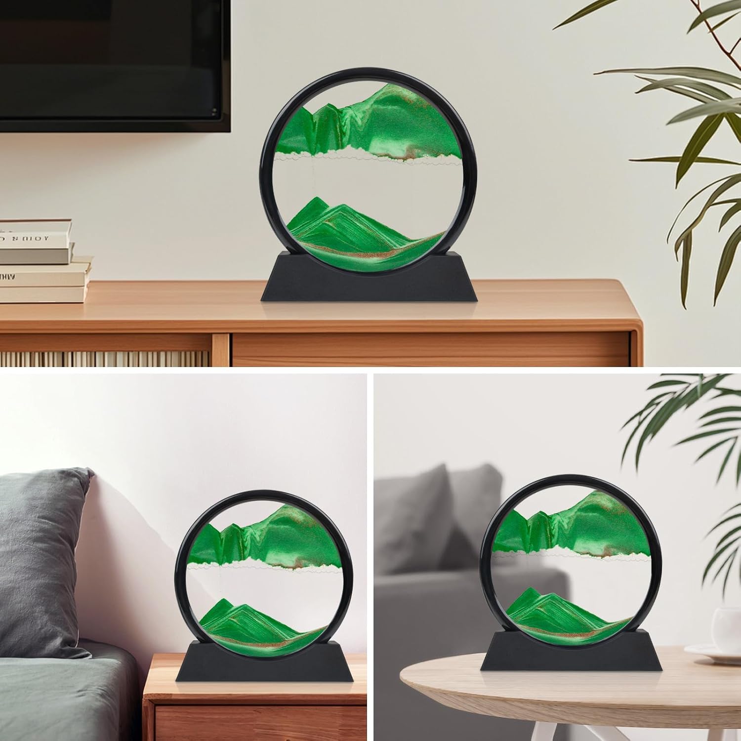 Green Moving Sand Art Decor - Round Glass Desk Decor with Liquid Motion, 3D Deep Sea Sandscape, Relaxing Desktop & Home Decoration-10 Inch - Image 5