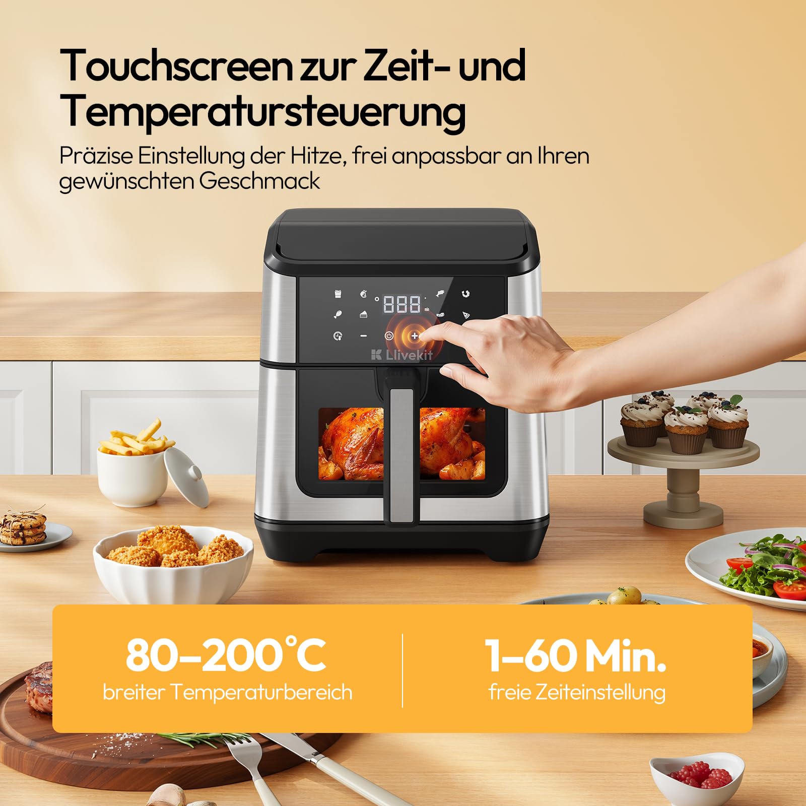 LLIVEKIT 8,5L Dual Blaze Heißluftfritteuse XXL Doppelheizquelle(Oben+Unten) | Airfryer mit 360° Heißluftzirkulation, 95% weniger Fett, Sichtfenster mit Innenbeleuchtung, 8 voreingestellte Programme