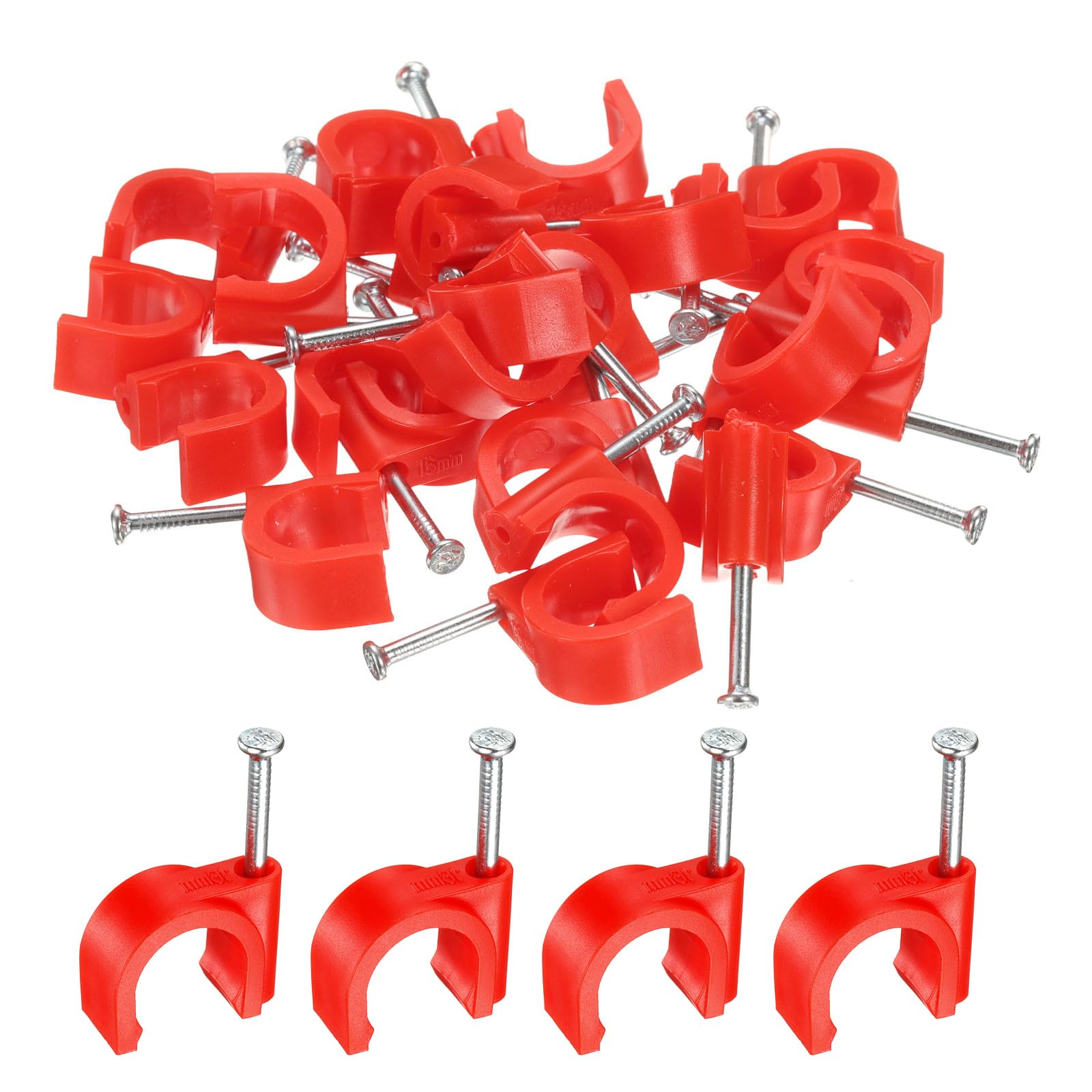 sourcing map 50pcs Cable Clips with Nail 16mm Thicken Circular Single Half Clamp J-Hook with Nail Cord Clips for Wires on Wall for Ethernet Tacks Coax Pex Tubing Pipe Support, Red