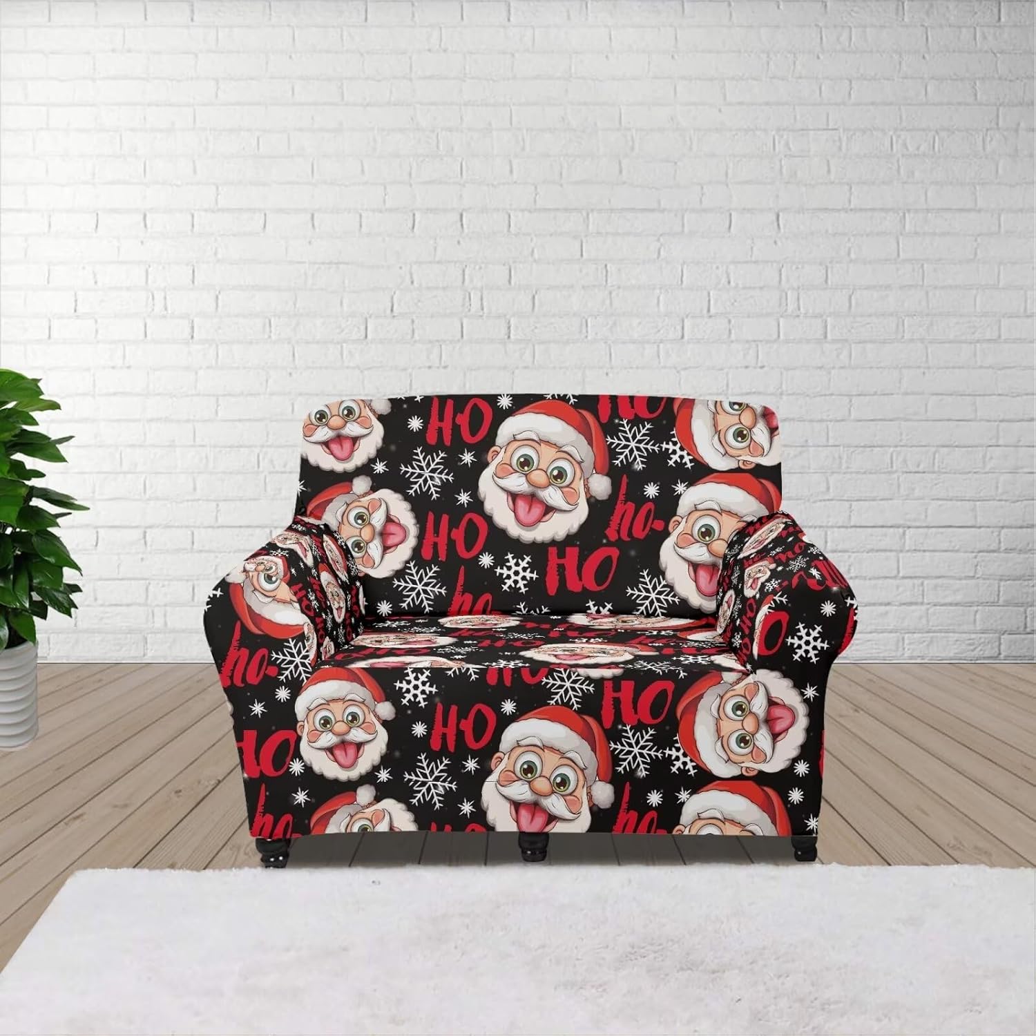 Stretch Christmas Sofa Slipcover Santa Ho Loveseat Sofa Slipcover Non Slip Soft Cushion Couch, Non Slip Soft Couch Sofa Cover, Xmas Decoration Furniture Protector with Non Skid Foam