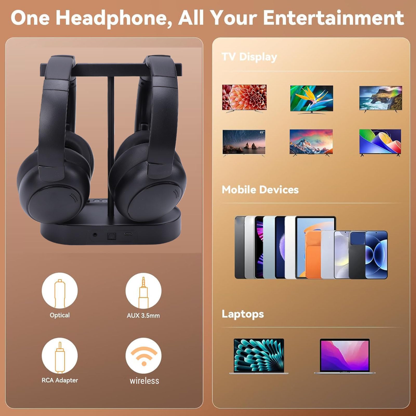 Auriculares Inalámbricos Duales para Ver Televisión, Auriculares Supraaurales con Transmisor, Base de Carga, Baja Latencia, Batería de 40 Horas, para Personas Mayores