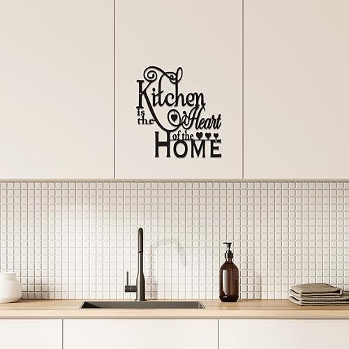 Miniatura 7 de Decoración de pared de cocina, moderna escultura de pared de metal negro "Kitchen is the Heart of the Home", arte de pared impermeable para cocina y